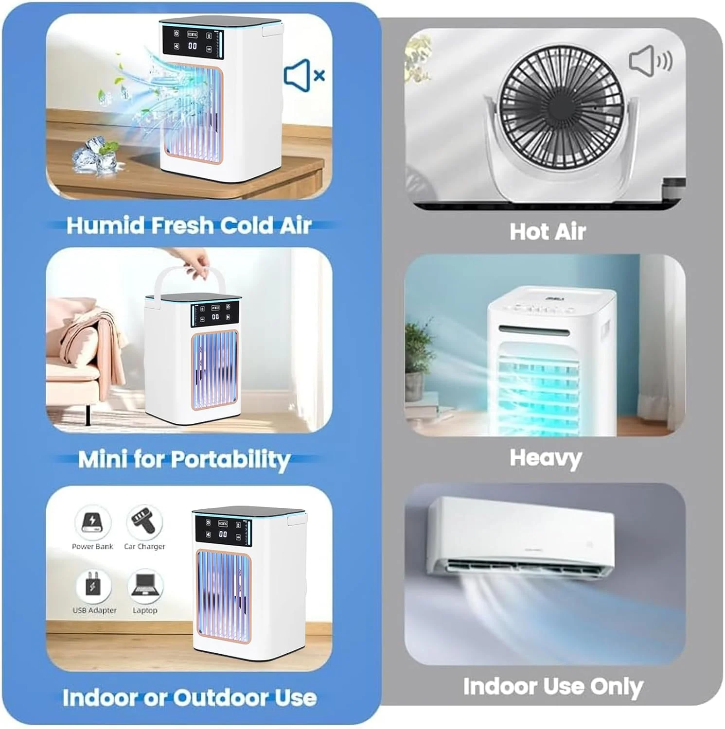 کولر گازی قابل حمل، واحد تهویه مطبوع 4 در 1، کولر تبخیری 900 میلی لیتری با مخزن دوتایی، کولر گازی کوچک شخصی با 7 رنگ نور، فن خنک کننده کوچک قابل حمل برای اتاق و دفتر