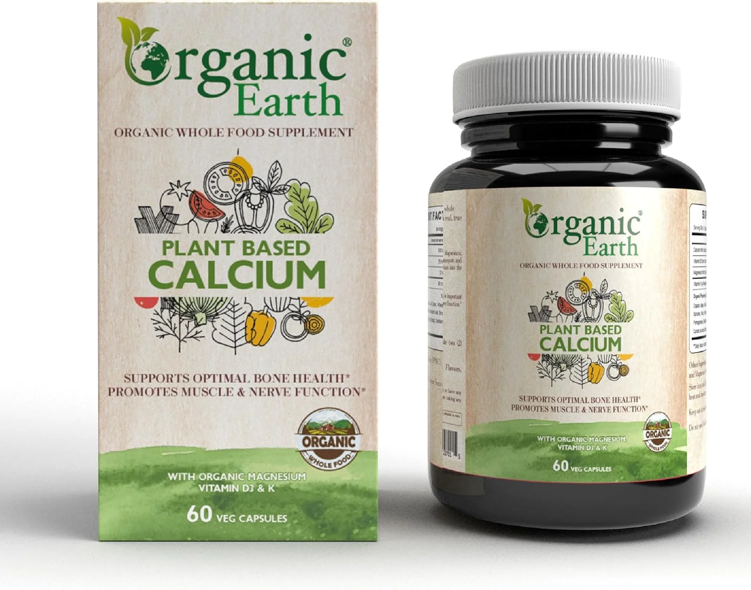 کلسیم گیاهی ارگانیک Earth | تقویت سلامت استخوان و مفاصل | پشتیبانی از سلامت قلب، عملکرد عصب و عضله | وگان، بدون گلوتن، تغذیه پاک | 60 کپسول