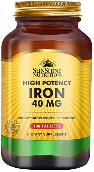 سان شاین نوتریشن آهن با قدرت بالا 40 میلی گرم | برای پشتیبانی از عملکرد سالم سلول های خونی | حفظ عملکرد سیستم ایمنی و متابولیسم انرژی سالم | 100 قرص