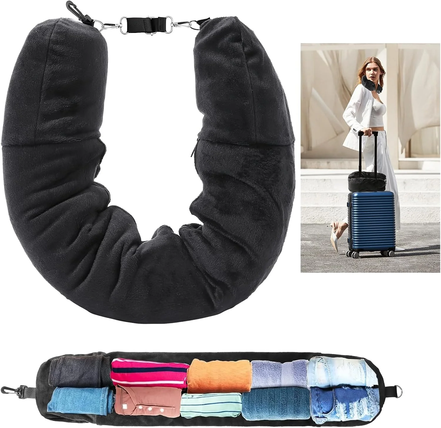 بالش مسافرتی پر کردنی KASTWAVE، بالش گردنی نرم و مخملی با قابلیت تنظیم، مناسب برای حمل وسایل ضروری 3 روزه در ماشین، هواپیما یا قطار، بدون نیاز به پرکننده