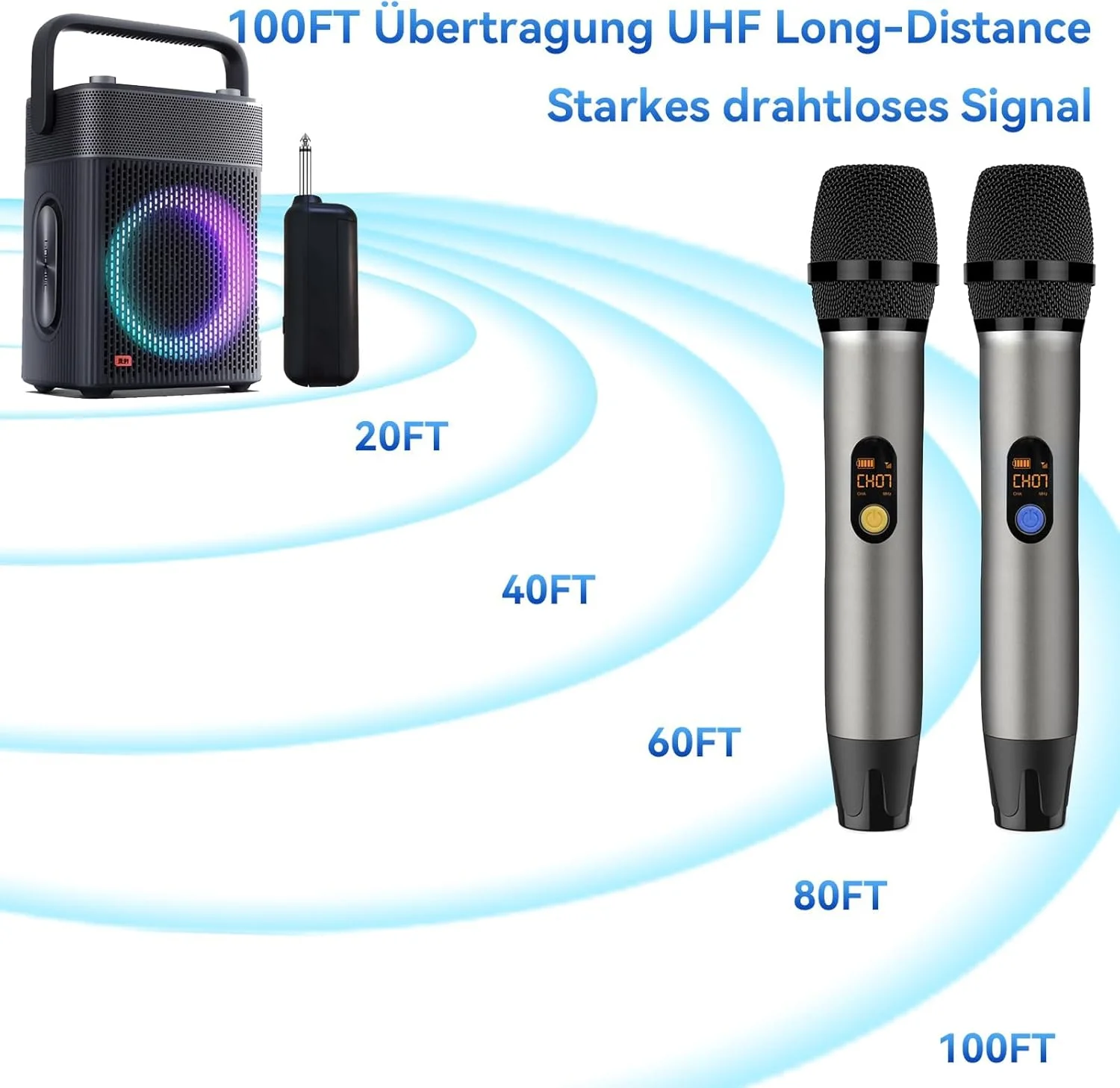 میکروفون بی سیم، میکروفون های فلزی شارژی UHF با گیرنده 6.35 میلی متری، میکروفون دینامیک حرفه ای Plug-and-Play برای کارائوکه، مهمانی، عروسی، کلیسا (UHF، خاکستری نقره ای)