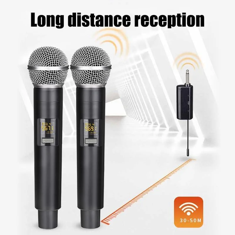 میکروفون بی سیم، سیستم میکروفون کارائوکه دوگانه UHF، میکروفون با گیرنده قابل شارژ، مجموعه میکروفون دینامیک بی سیم، برد 60 متری، برای آواز خواندن، عروسی، دی جی، مهمانی، سخنرانی