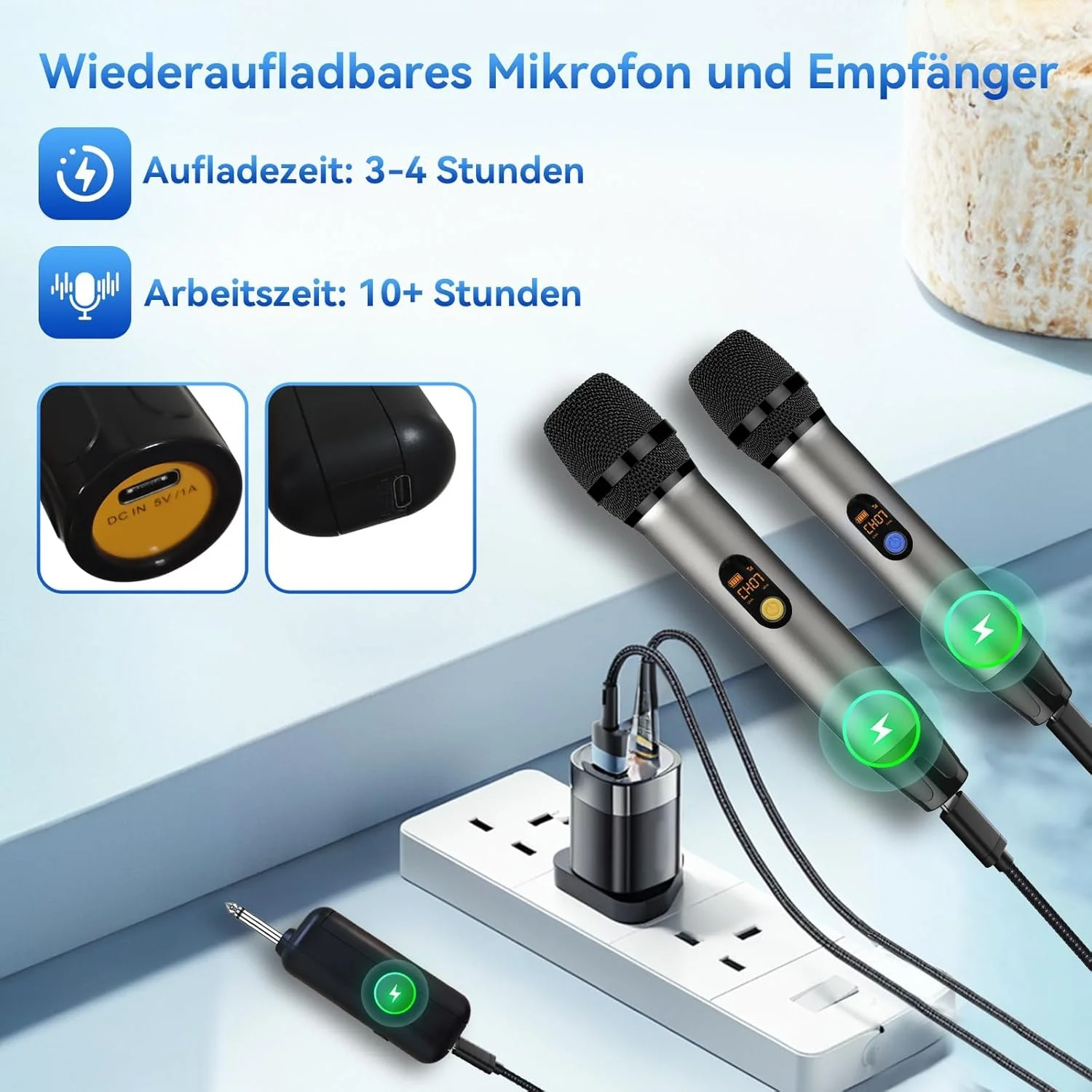 میکروفون بی سیم، میکروفون های فلزی شارژی UHF با گیرنده 6.35 میلی متری، میکروفون دینامیک حرفه ای Plug-and-Play برای کارائوکه، مهمانی، عروسی، کلیسا (UHF، خاکستری نقره ای)