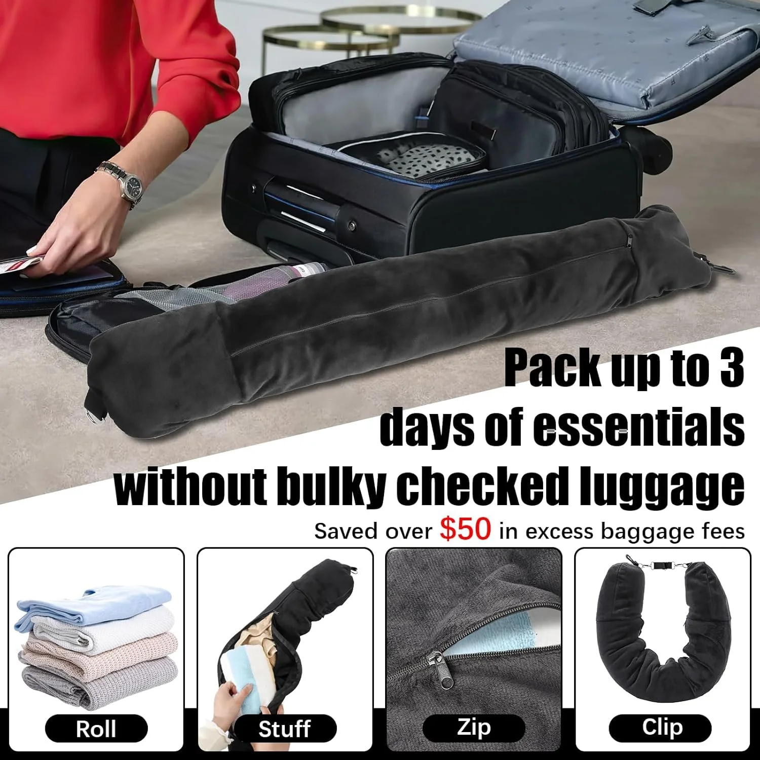 بالش مسافرتی پر کردنی KASTWAVE، بالش گردنی نرم و مخملی با قابلیت تنظیم، مناسب برای حمل وسایل ضروری 3 روزه در ماشین، هواپیما یا قطار، بدون نیاز به پرکننده بالش مسافرتی پر کردنی KASTWAVE، بالش گردنی نرم و مخملی با قابلیت تنظیم، مناسب برای حمل وسایل ضروری 3 روزه در ماشین، هواپیما یا قطار، بدون نیاز به پرکننده