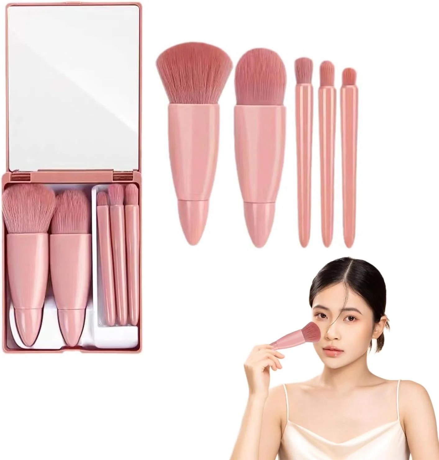 ست ۵ عددی برس آرایشی با جعبه آینه دار، ست برس های آرایشی حرفه ای، برس سایه چشم، برس آرایش صورت برای مسافرت و استفاده روزانه