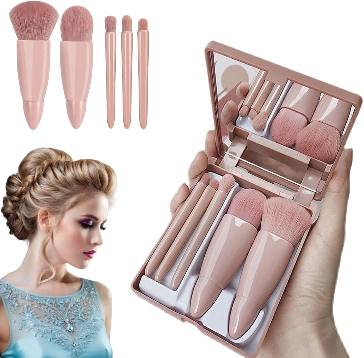 ست برس آرایشی مسافرتی کوچک - 5 برس ضروری با آینه، کیت لوازم آرایشی قابل حمل برای زیبایی در هر زمان و هر مکان، عملکرد کامل در طراحی جمع و جور