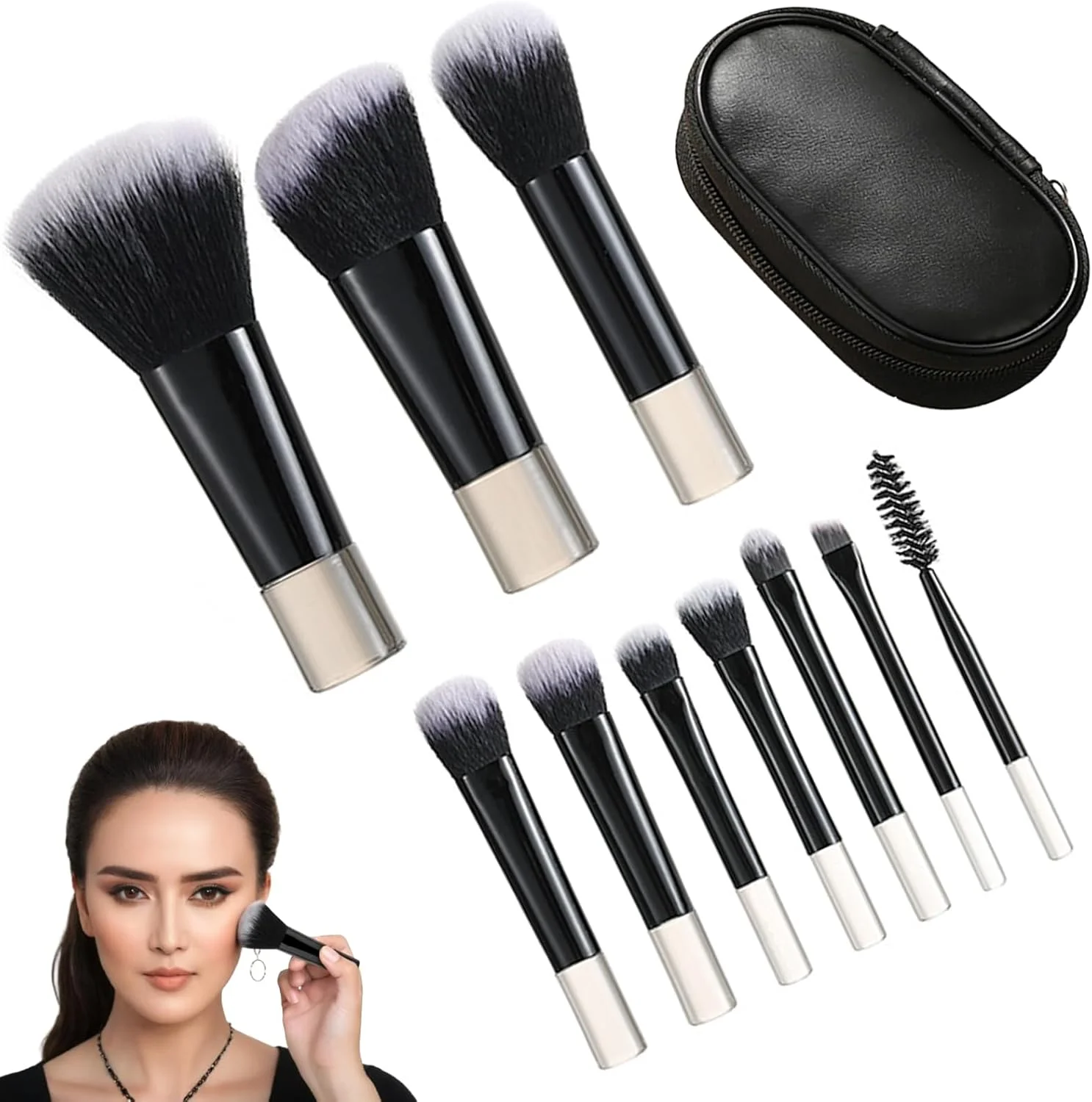 ست برس آرایشی 10 تکه مسافرتی با کیف برس - برس های کوچک برای زیبایی در بیرون - کیت کامل لوازم آرایشی برای روتوش آسان - قابل حمل و راحت (مشکی)