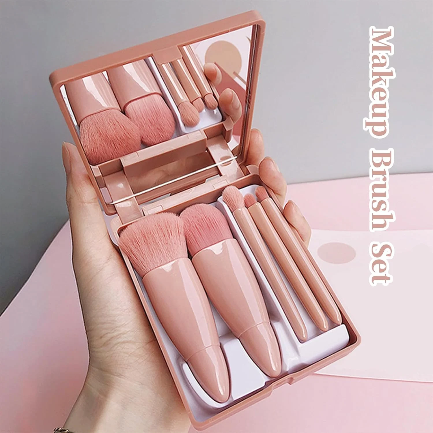 ست ۵ عددی برس آرایشی با جعبه آینه دار، ست برس های آرایشی حرفه ای، برس سایه چشم، برس آرایش صورت برای مسافرت و استفاده روزانه