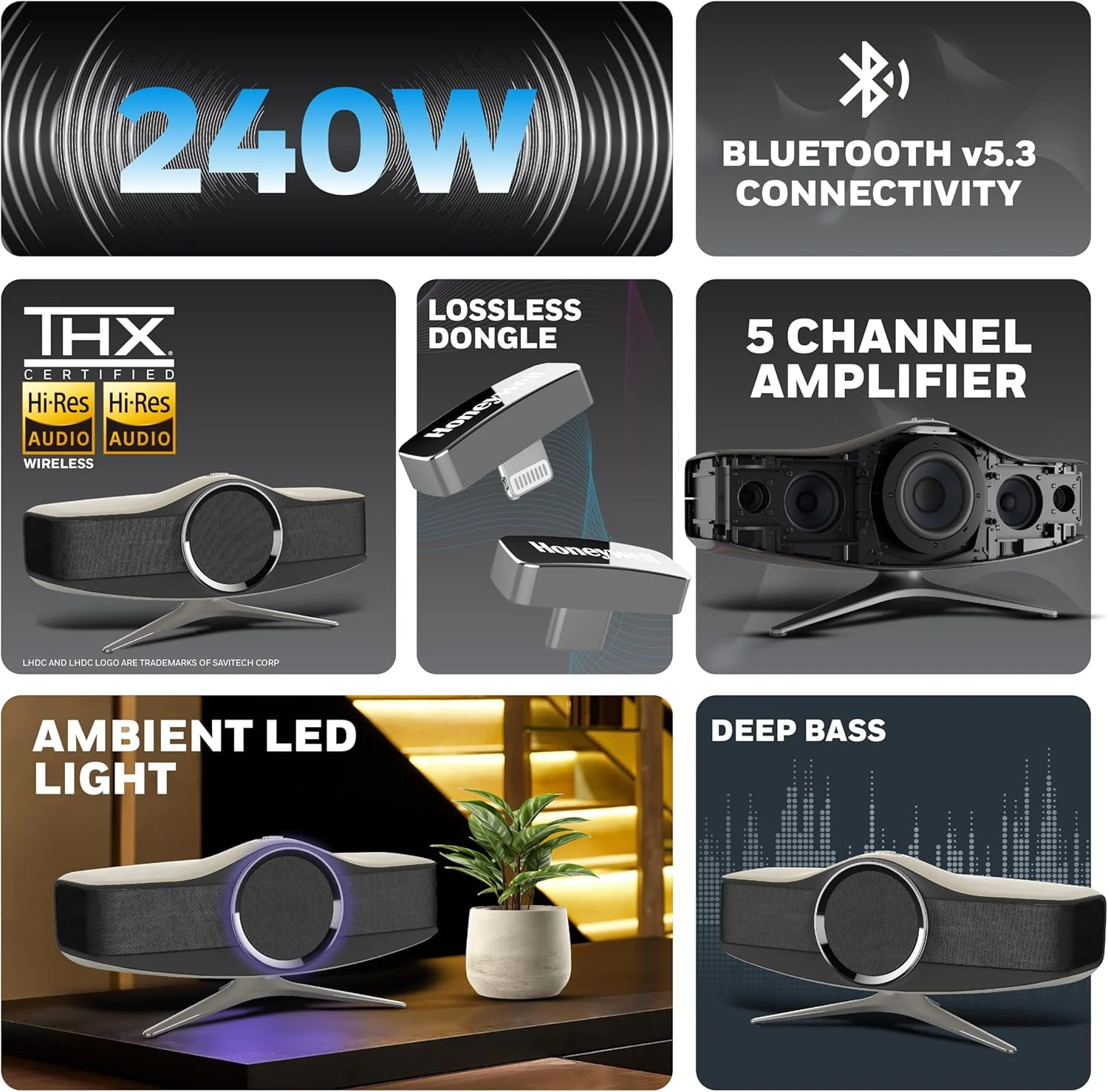 اسپیکر Hi-Fi Honeywell Aviator، 240 وات، کدک صوتی 1MBPS+، دانگل Type-C و Lightning، نور محیطی، بیس عمیق، بلوتوث V5.3-30m، کانال تقویت 5، 3 حفره صوتی مستقل اسپیکر Hi-Fi Honeywell Aviator، 240 وات، کدک صوتی 1MBPS+، دانگل Type-C و Lightning، نور محیطی، بیس عمیق، بلوتوث V5.3-30m، کانال تقویت 5، 3 حفره صوتی مستقل