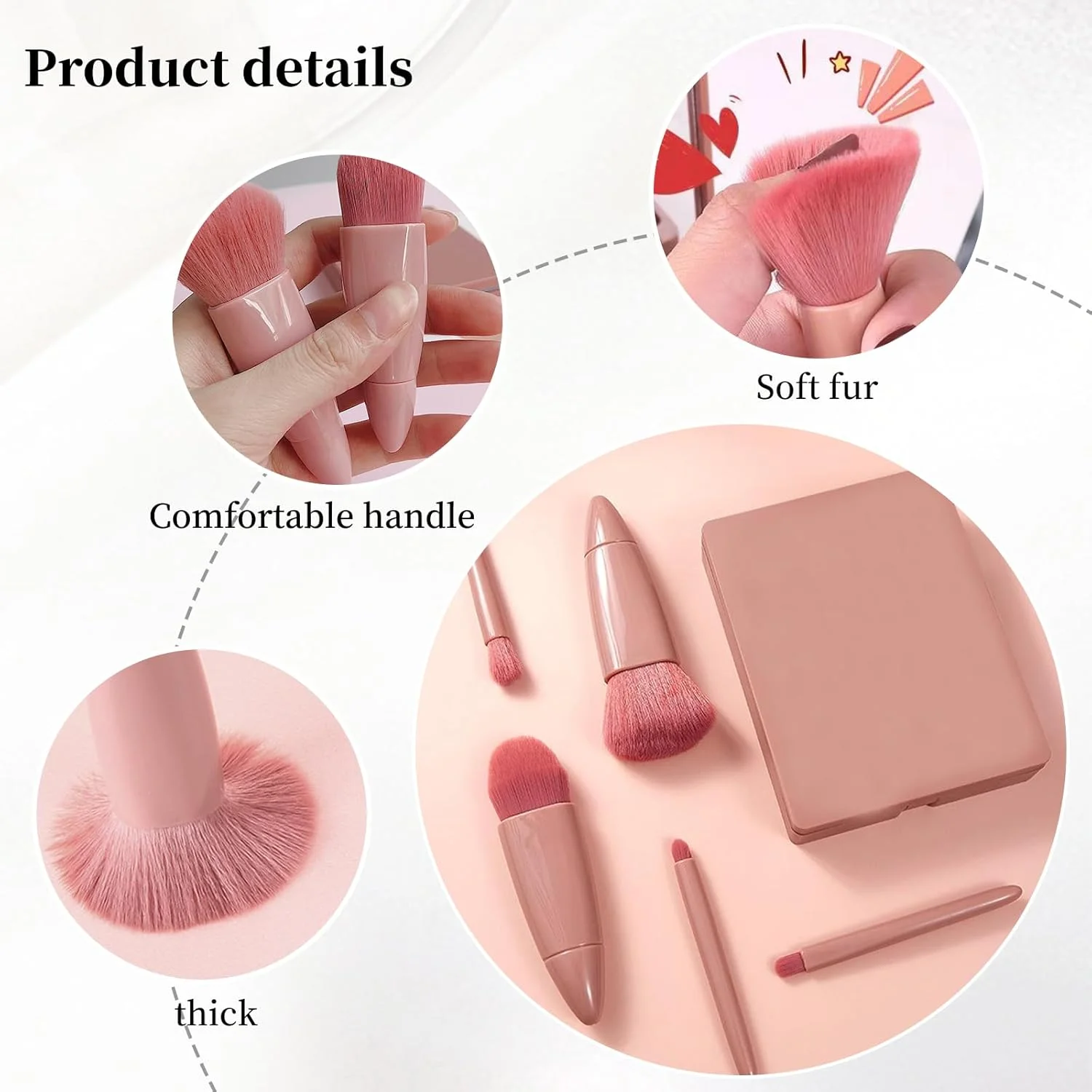 ست ۵ عددی برس آرایشی با جعبه آینه دار، ست برس های آرایشی حرفه ای، برس سایه چشم، برس آرایش صورت برای مسافرت و استفاده روزانه