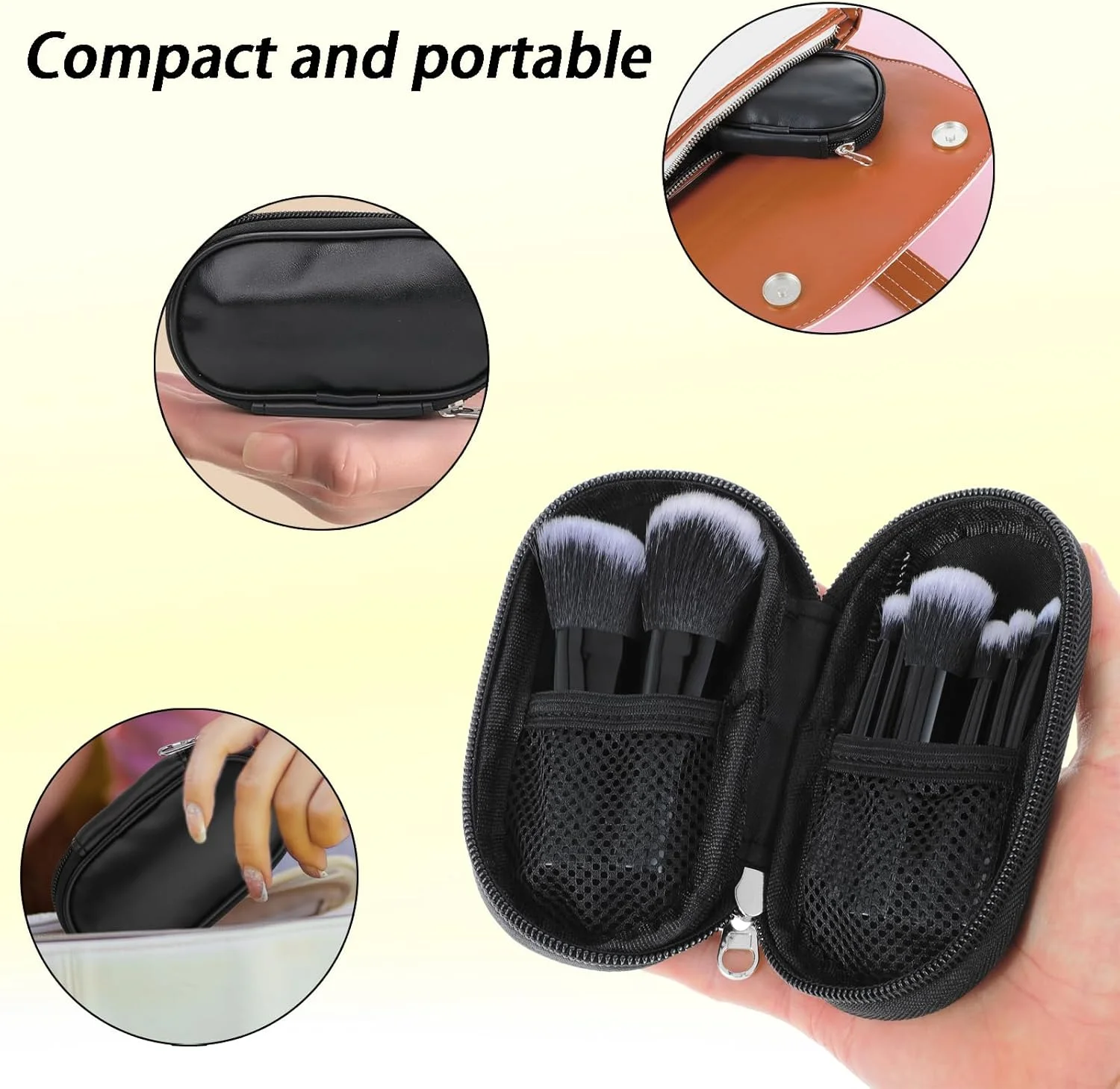 ست برس آرایشی 10 تکه مسافرتی با کیف برس - برس های کوچک برای زیبایی در بیرون - کیت کامل لوازم آرایشی برای روتوش آسان - قابل حمل و راحت (مشکی)