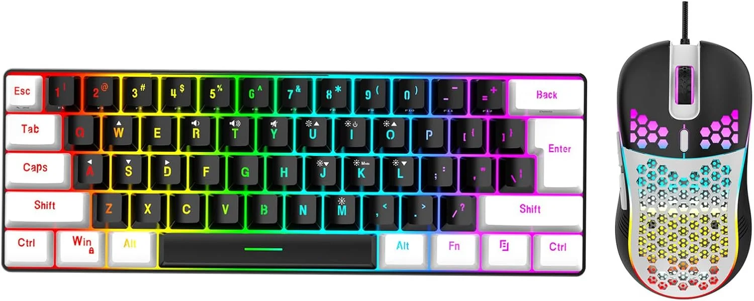کیبورد گیمینگ سیمی 60%، کیبورد کوچک سیمی 61 کلیدی با نور پس زمینه RGB، کیبورد نورانی RGB به همراه ماوس، مناسب برای تبلت، لپ تاپ و سیستم عامل های 8، 10 و OS X (مرکز مشکی با قاب سفید)