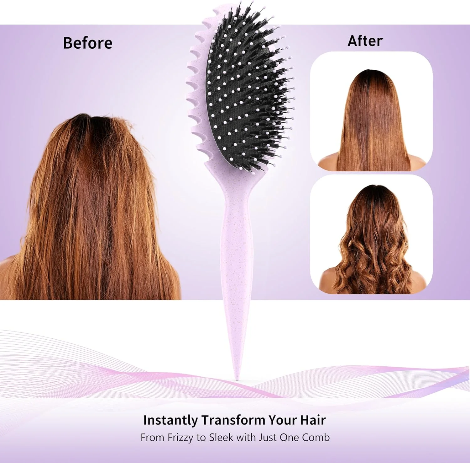 برس موی فر، شانه حالت دهنده ضد الکتریسیته ساکن، شانه باز کننده گره مو الاستیک بنفش برای مردان، زنان و کودکان - بدون کشیدگی، ماساژ پوست سر، حالت دهی بدون گره برای موهای فر، موج دار و صاف (کوچک)