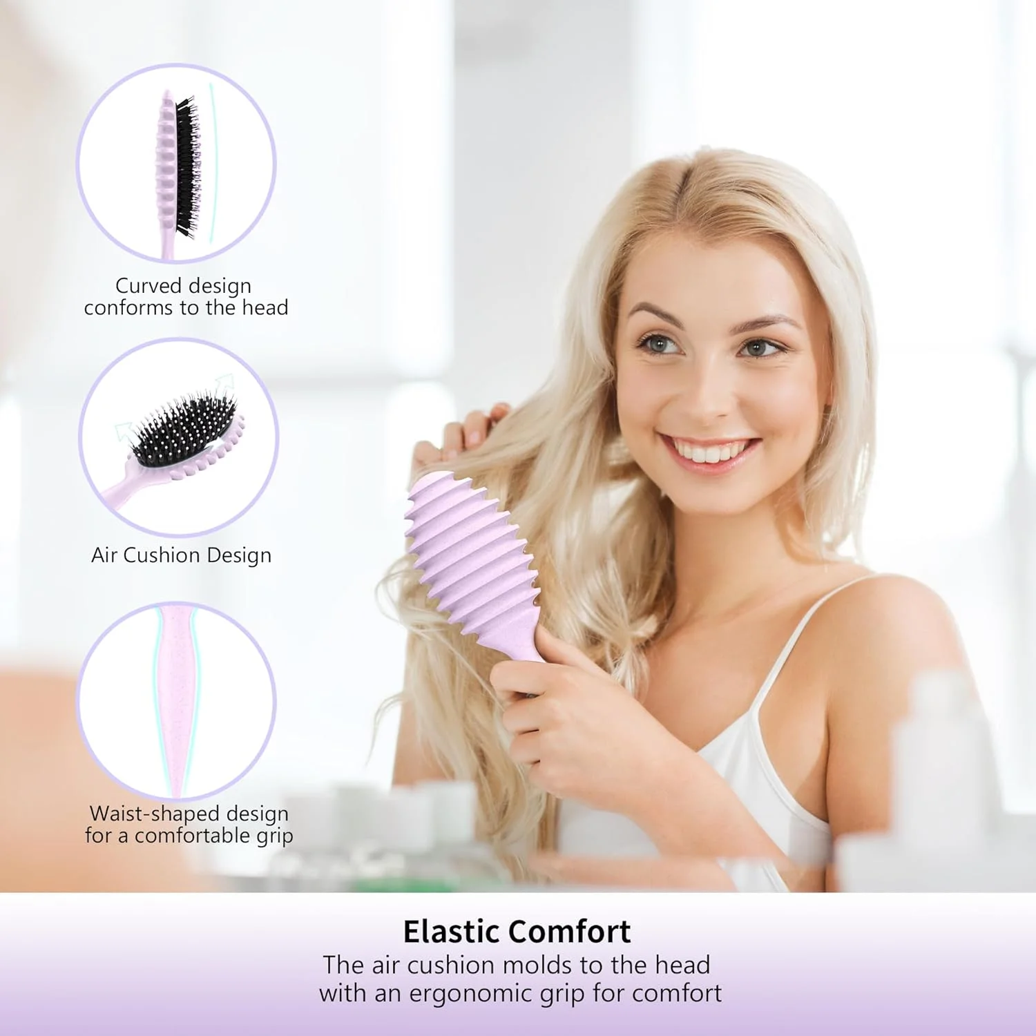 برس موی فر، شانه حالت دهنده ضد الکتریسیته ساکن، شانه باز کننده گره مو الاستیک بنفش برای مردان، زنان و کودکان - بدون کشیدگی، ماساژ پوست سر، حالت دهی بدون گره برای موهای فر، موج دار و صاف (کوچک)