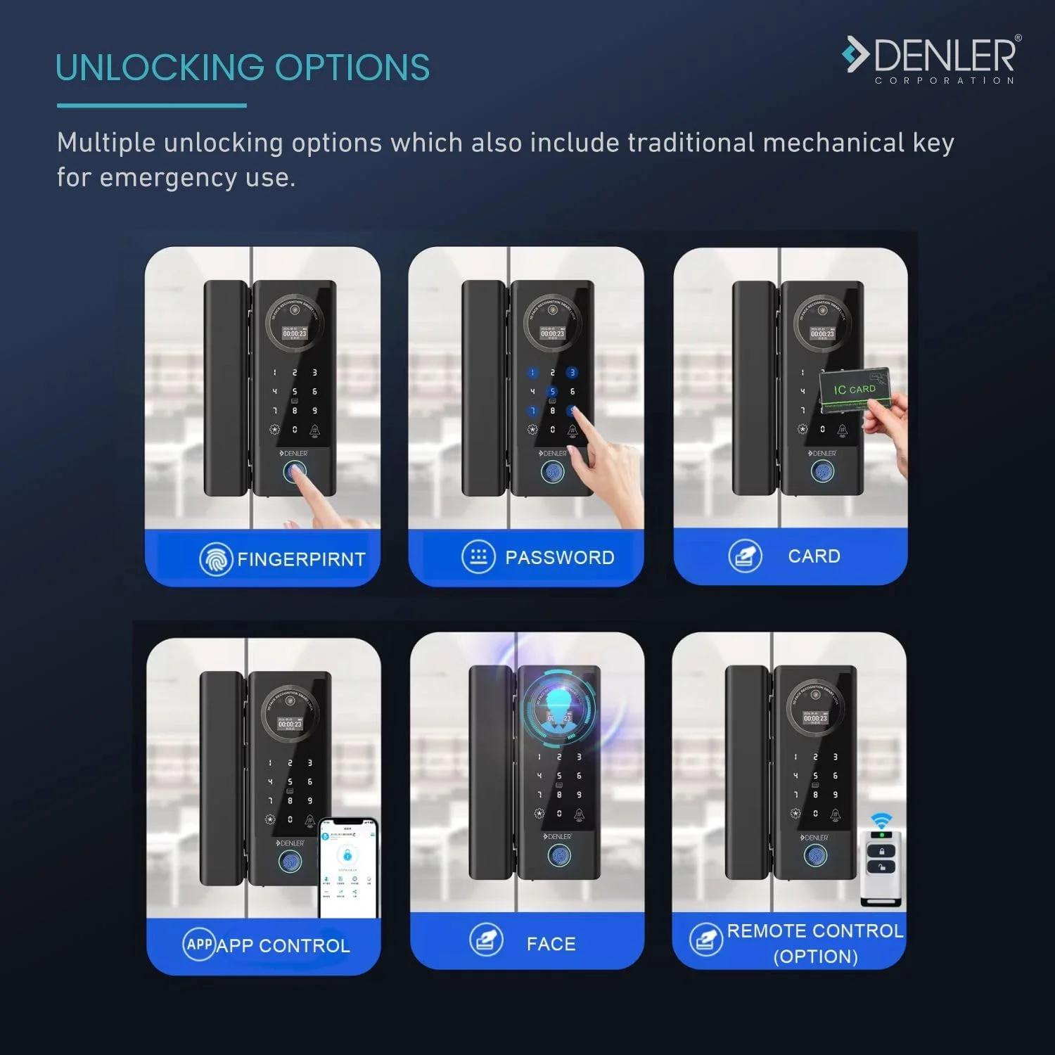 قفل درب هوشمند شیشه ای Denler DFS04، قفل درب دیجیتال با تشخیص چهره سه بعدی، وای فای داخلی، قفل اثر انگشت، کنترل از راه دور RF، کارت RFID، پین، مناسب برای درب های 10 تا 12 میلی متر (مشکی)