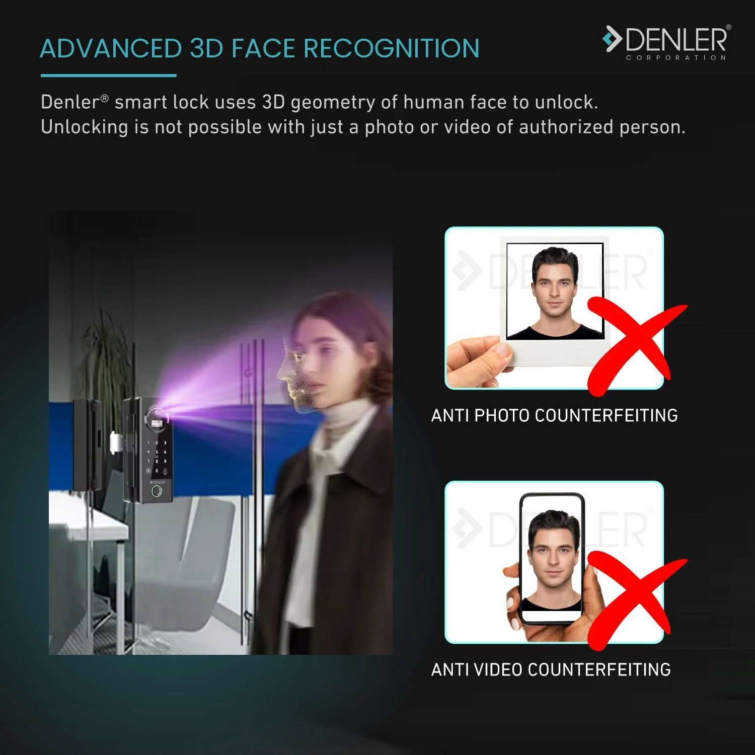 قفل درب هوشمند شیشه ای Denler DFS04، قفل درب دیجیتال با تشخیص چهره سه بعدی، وای فای داخلی، قفل اثر انگشت، کنترل از راه دور RF، کارت RFID، پین، مناسب برای درب های 10 تا 12 میلی متر (مشکی)