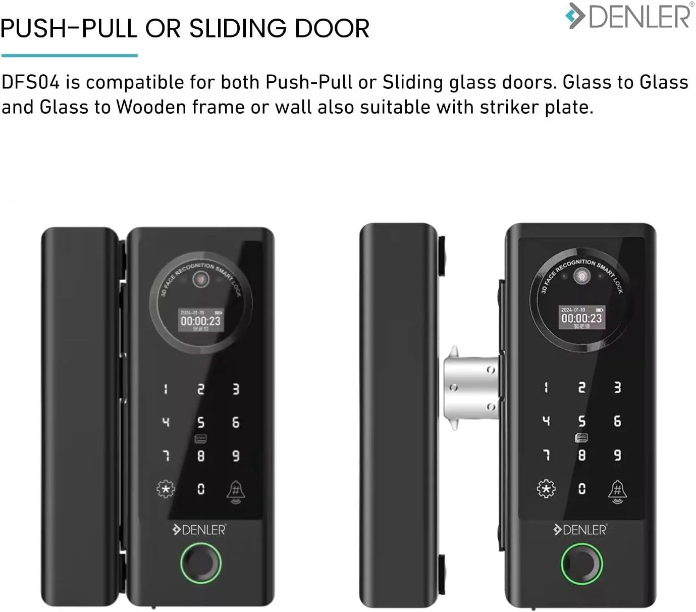 قفل درب هوشمند شیشه ای Denler DFS04، قفل درب دیجیتال با تشخیص چهره سه بعدی، وای فای داخلی، قفل اثر انگشت، کنترل از راه دور RF، کارت RFID، پین، مناسب برای درب های 10 تا 12 میلی متر (مشکی)