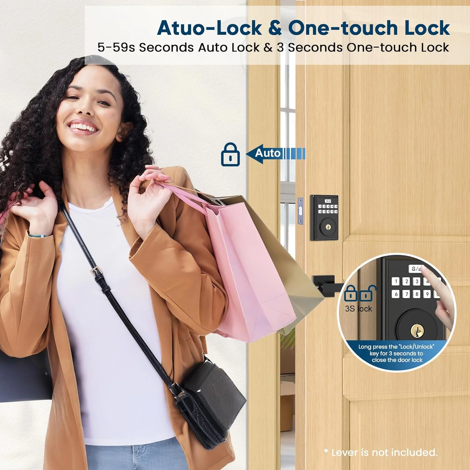 قفل درب ورودی بدون کلید با کد، قفل های Deadbolt با صفحه کلید الکترونیکی، رمز عبور ضد دید زدن، نصب آسان، مشکی مات 01