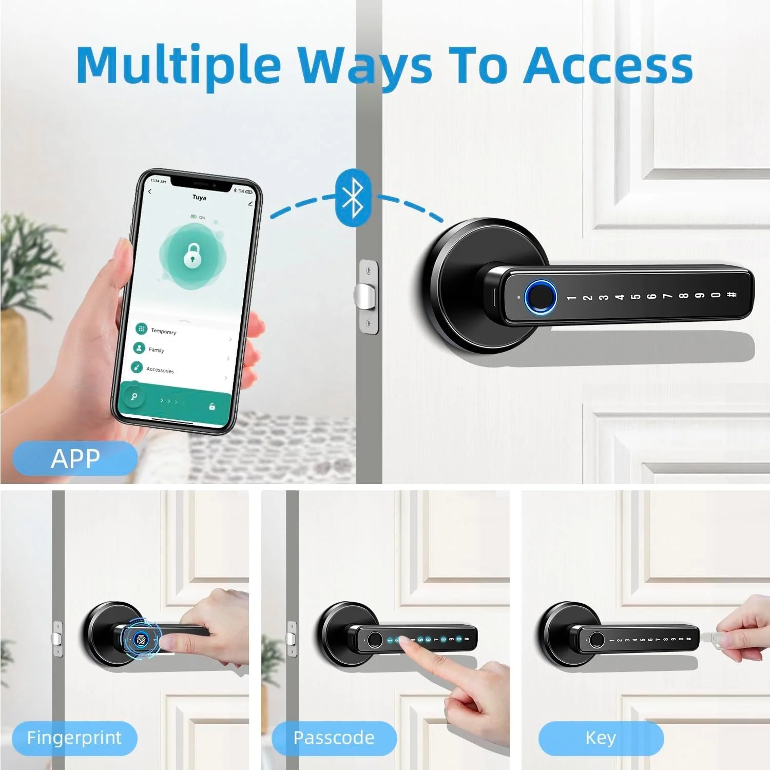 قفل هوشمند، دستگیره درب هوشمند، قفل اثر انگشت هوشمند با برنامه موبایل و کلید، دستگیره درب بلوتوثی با صفحه کلید، کار با الکسا نیاز به دروازه تویا اضافی برای درب های داخلی اتاق خواب هتل Airbnb (B)