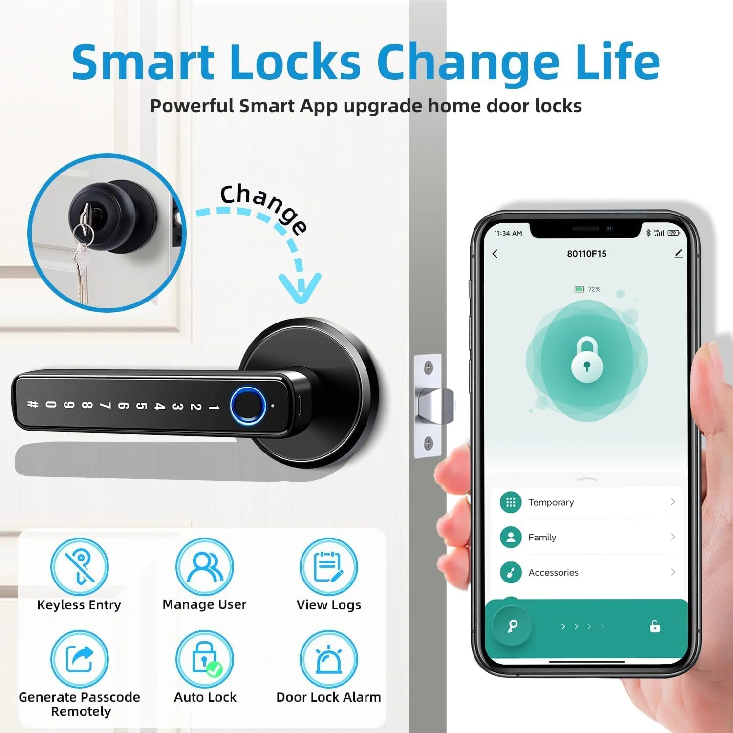 قفل هوشمند، دستگیره درب هوشمند، قفل اثر انگشت هوشمند با برنامه موبایل و کلید، دستگیره درب بلوتوثی با صفحه کلید، کار با الکسا نیاز به دروازه تویا اضافی برای درب های داخلی اتاق خواب هتل Airbnb (B)