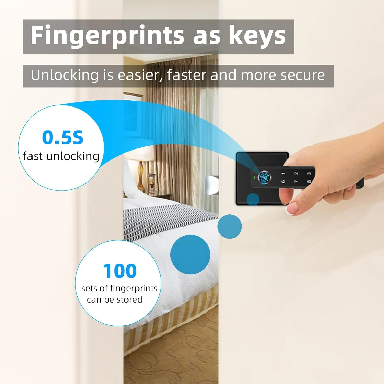 قفل درب هوشمند اثر انگشتی، قفل دستگیره درب بیومتریک با کد و 2 عدد کلید، لمس دیجیتال برای درب ورودی منزل، آپارتمان، اتاق خواب، دفتر کار، مشکی