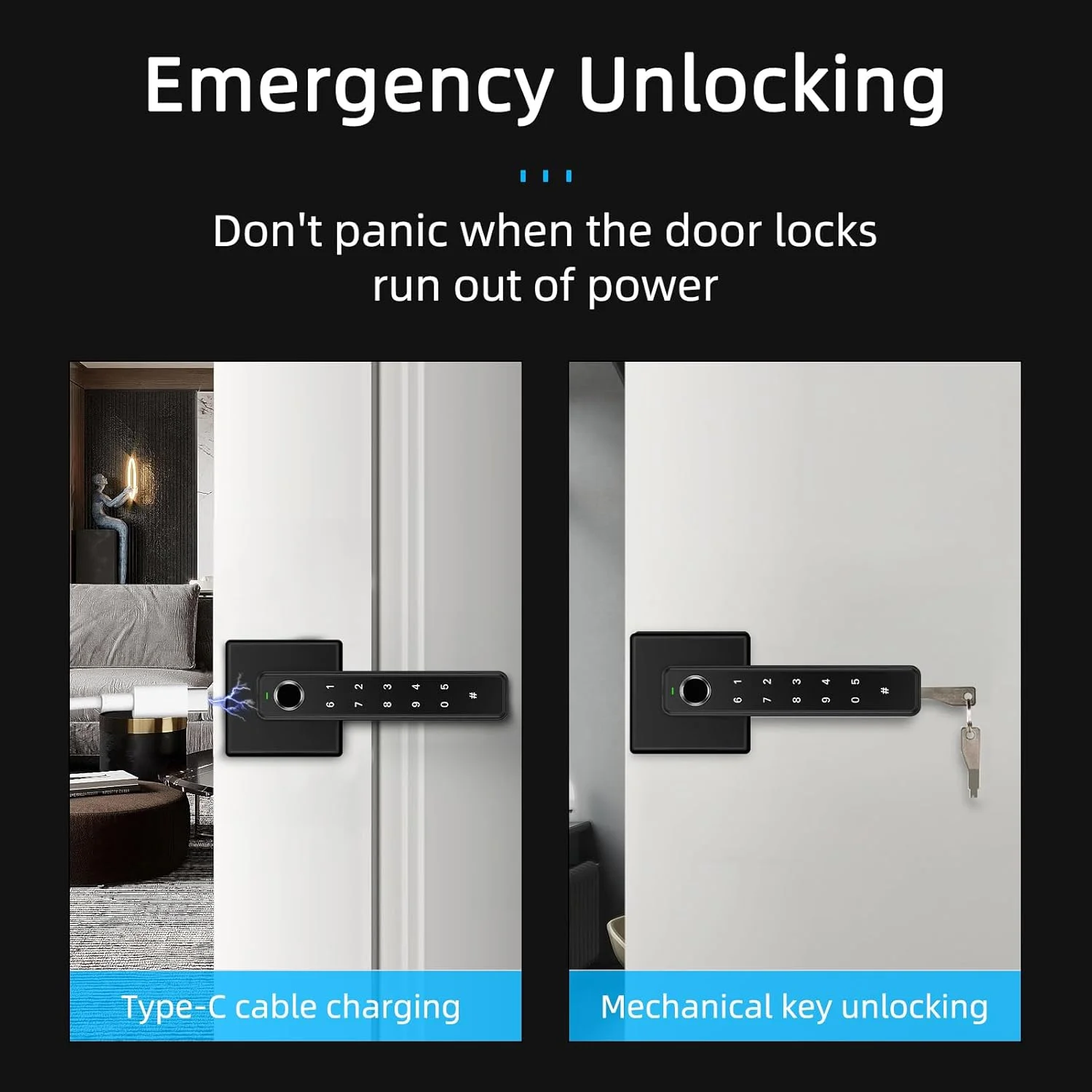 قفل درب هوشمند اثر انگشتی، قفل دستگیره درب بیومتریک با کد و 2 عدد کلید، لمس دیجیتال برای درب ورودی منزل، آپارتمان، اتاق خواب، دفتر کار، مشکی