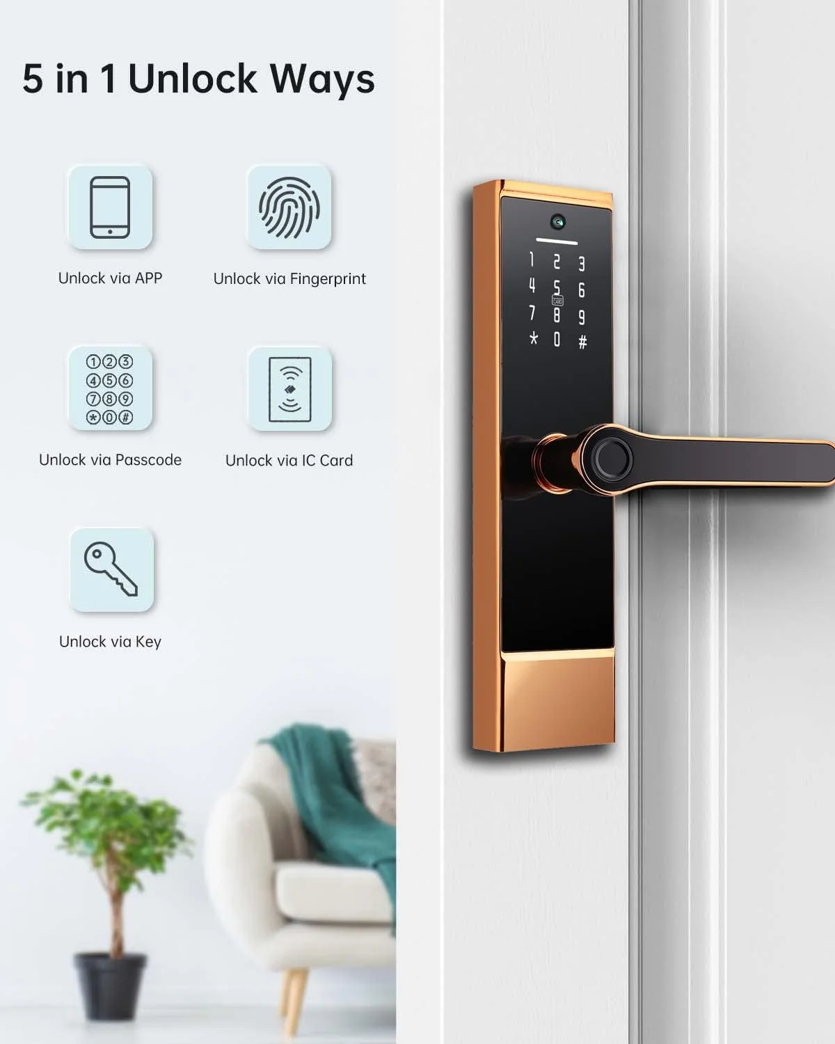 قفل هوشمند با چشمی گربه ای، قفل درب اثر انگشتی، قفل ورودی بدون کلید Wi-Fi با دستگیره برگشت پذیر، باز کردن قفل با برنامه، قفل درب امنیتی دیجیتال برای خانه، دفتر کار، و اجاره کوتاه مدت