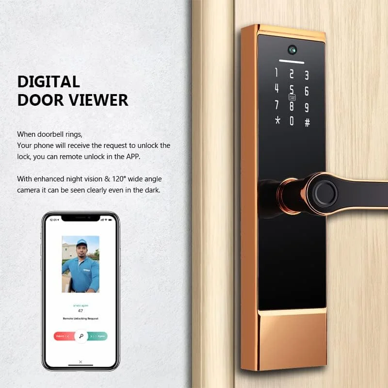 قفل هوشمند با چشمی گربه ای، قفل درب اثر انگشتی، قفل ورودی بدون کلید Wi-Fi با دستگیره برگشت پذیر، باز کردن قفل با برنامه، قفل درب امنیتی دیجیتال برای خانه، دفتر کار، و اجاره کوتاه مدت