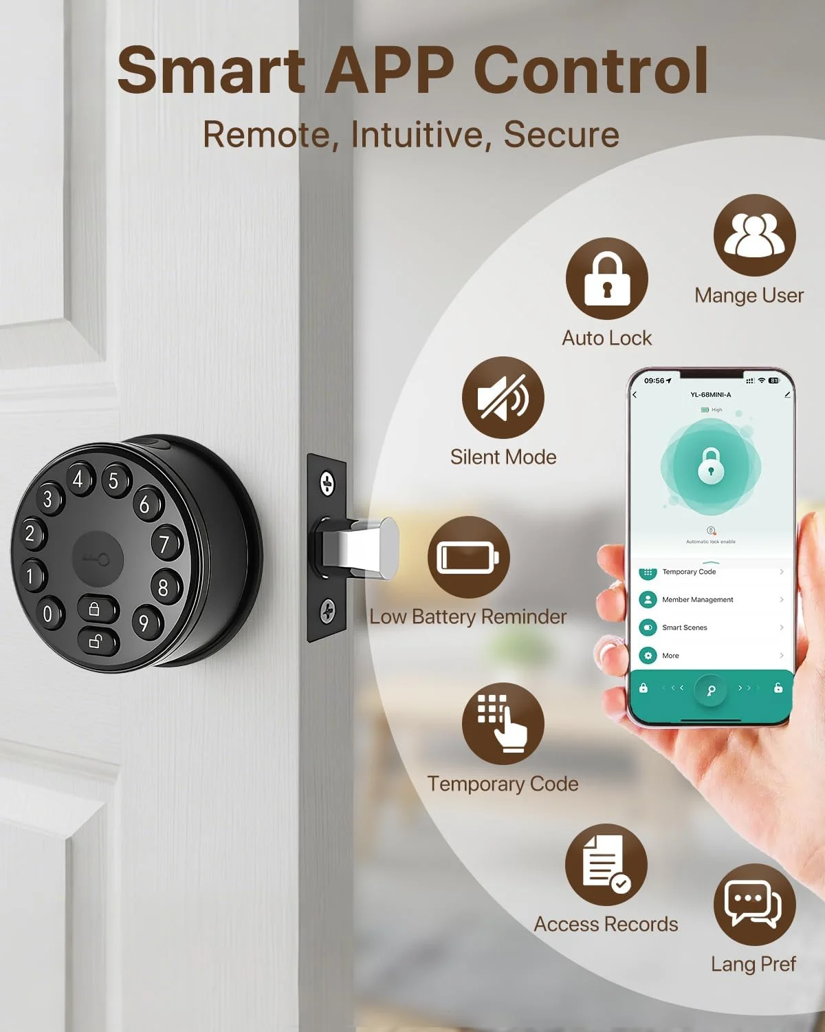قفل درب هوشمند اثر انگشتی با صفحه کلید، کنترل از طریق برنامه، بازگشایی خودکار، قفل الکترونیکی برای درب ورودی، قفل درب دیجیتال با کد، نصب آسان برای اتاق خواب/دفاتر/هتل ها