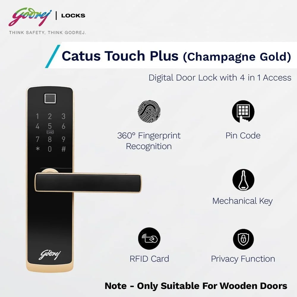 قفل دیجیتال درب گادریج مدل Catus Touch Plus با 4 روش دسترسی - اثر انگشت، RFID، کد و کلید مکانیکی، روکش طلایی شامپاین