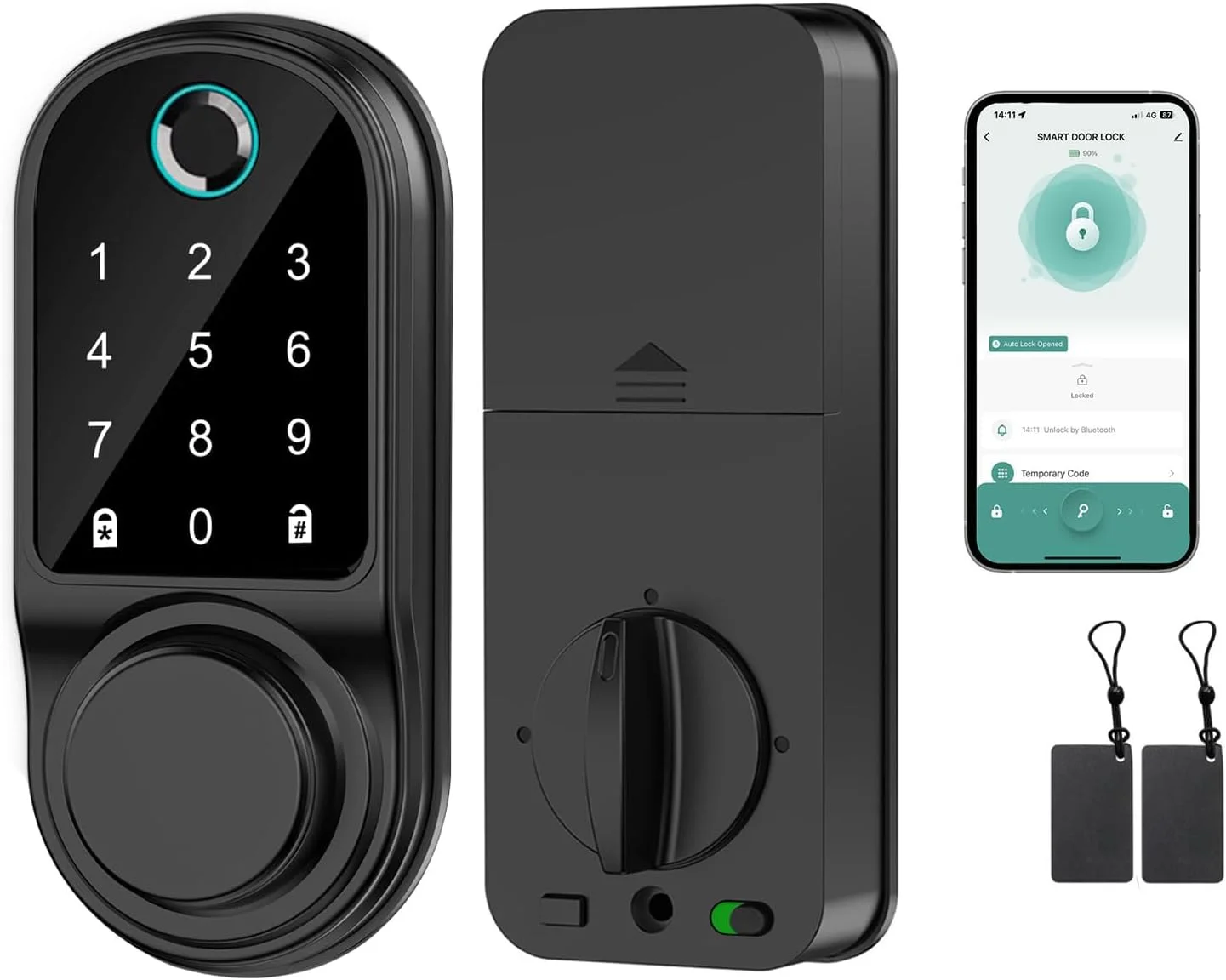 قفل درب اثر انگشتی هوشمند KASTWAVE، قفل زبانه دار بیومتریک با کنترل از راه دور برنامه، صفحه کلید لمسی، قفل درب بدون کلید، قفل خودکار، نصب آسان، مشکی