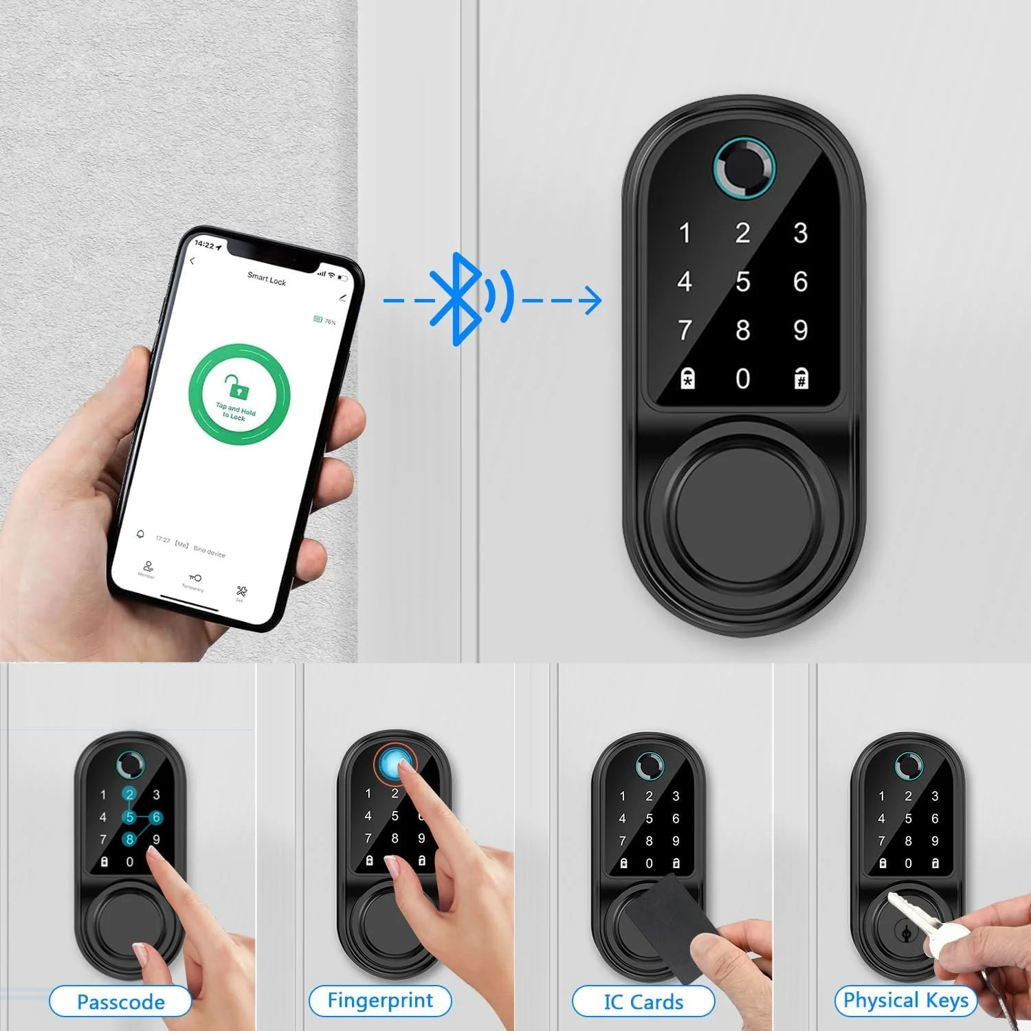 قفل درب اثر انگشتی هوشمند KASTWAVE، قفل زبانه دار بیومتریک با کنترل از راه دور برنامه، صفحه کلید لمسی، قفل درب بدون کلید، قفل خودکار، نصب آسان، مشکی