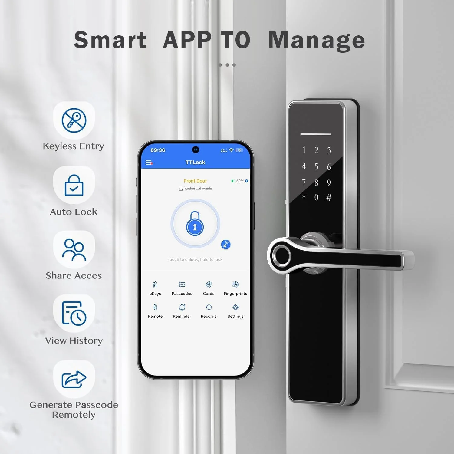 قفل درب هوشمند بدون کلید با اثر انگشت دیجیتال، قفل هوشمند برای درب ورودی، قفل هوشمند بلوتوثی درب ورودی، دستگیره اهرمی درب، دستگیره درب، جایگزین قفل های زبانه دار