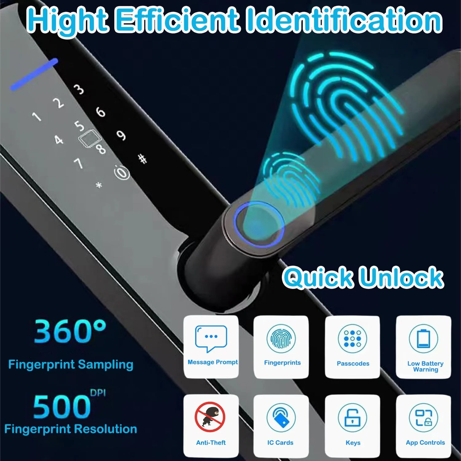 قفل اثر انگشتی درب GGEROU، دستگیره قفل بیومتریک درب با صفحه کلید لمسی - ۱۰۰ اثر انگشت/کارت IC/رمز عبور/کلید/کد برنامه، قفل درب ورودی بدون کلید برای اتاق خواب منزل هتل دفتر آپارتمان