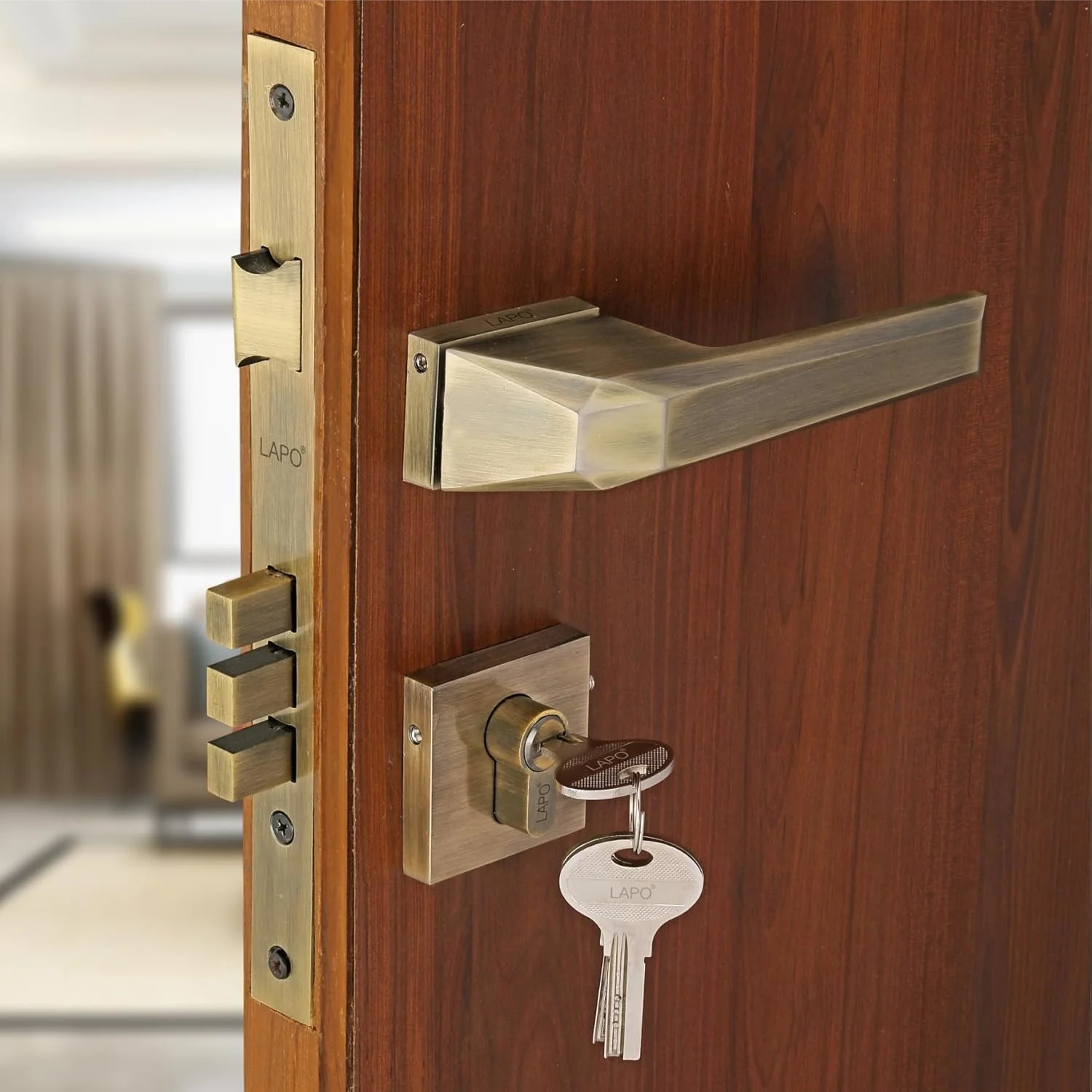 قفل درب LAPO برای درب اصلی/قفل درب برای اتاق خواب/قفل زبانه ای برای درب/ست دستگیره قفل درب با 3 کلید برنجی برای خانه/دفتر/هتل (پرداخت عتیقه) Ro-125