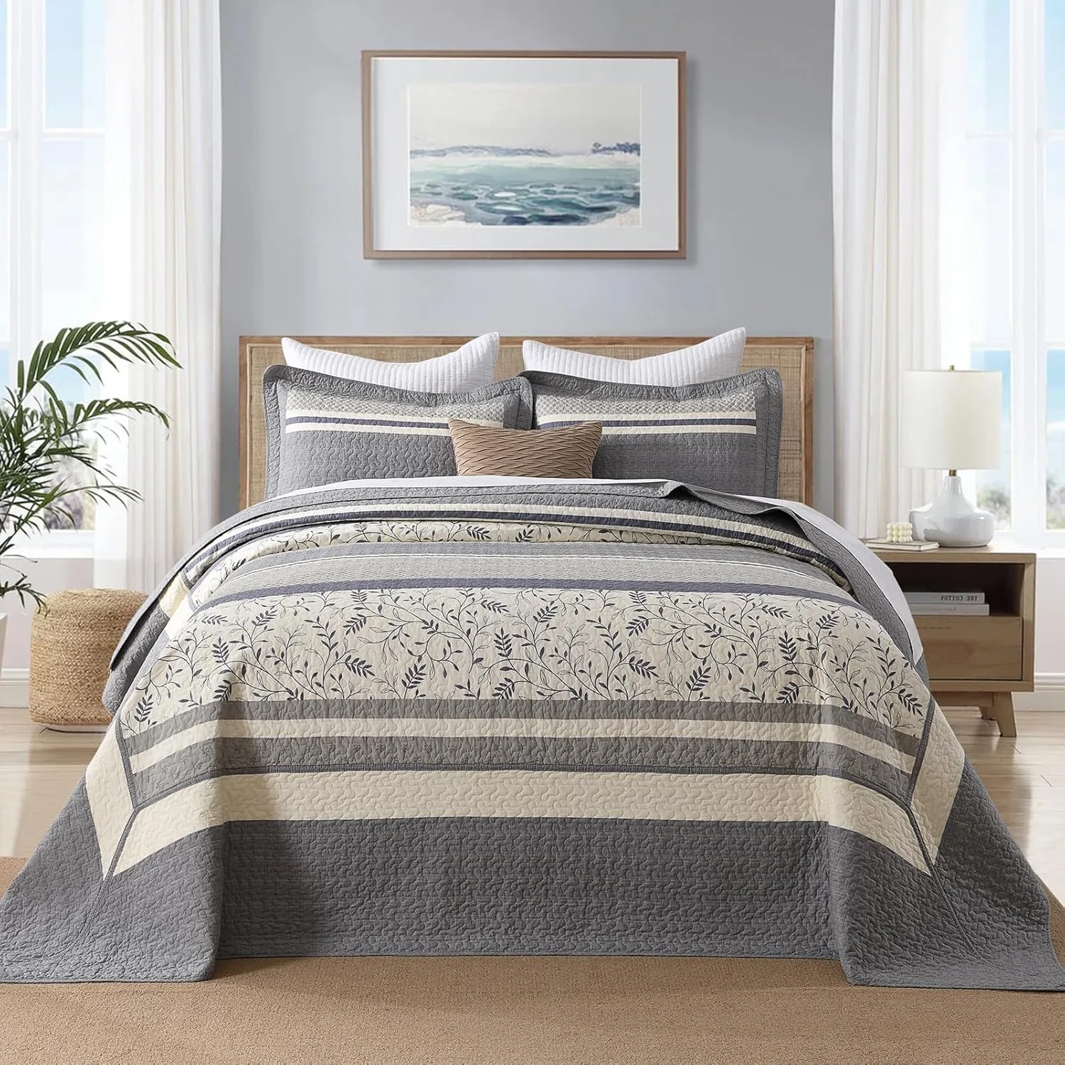 روتختی پنبه‌ای بسیار بزرگ پانگوشان، طرح گل‌دار دو رو، ست ملحفه لحاف‌دار سایز خیلی بزرگ، لحاف سبک وزن، خاکستری