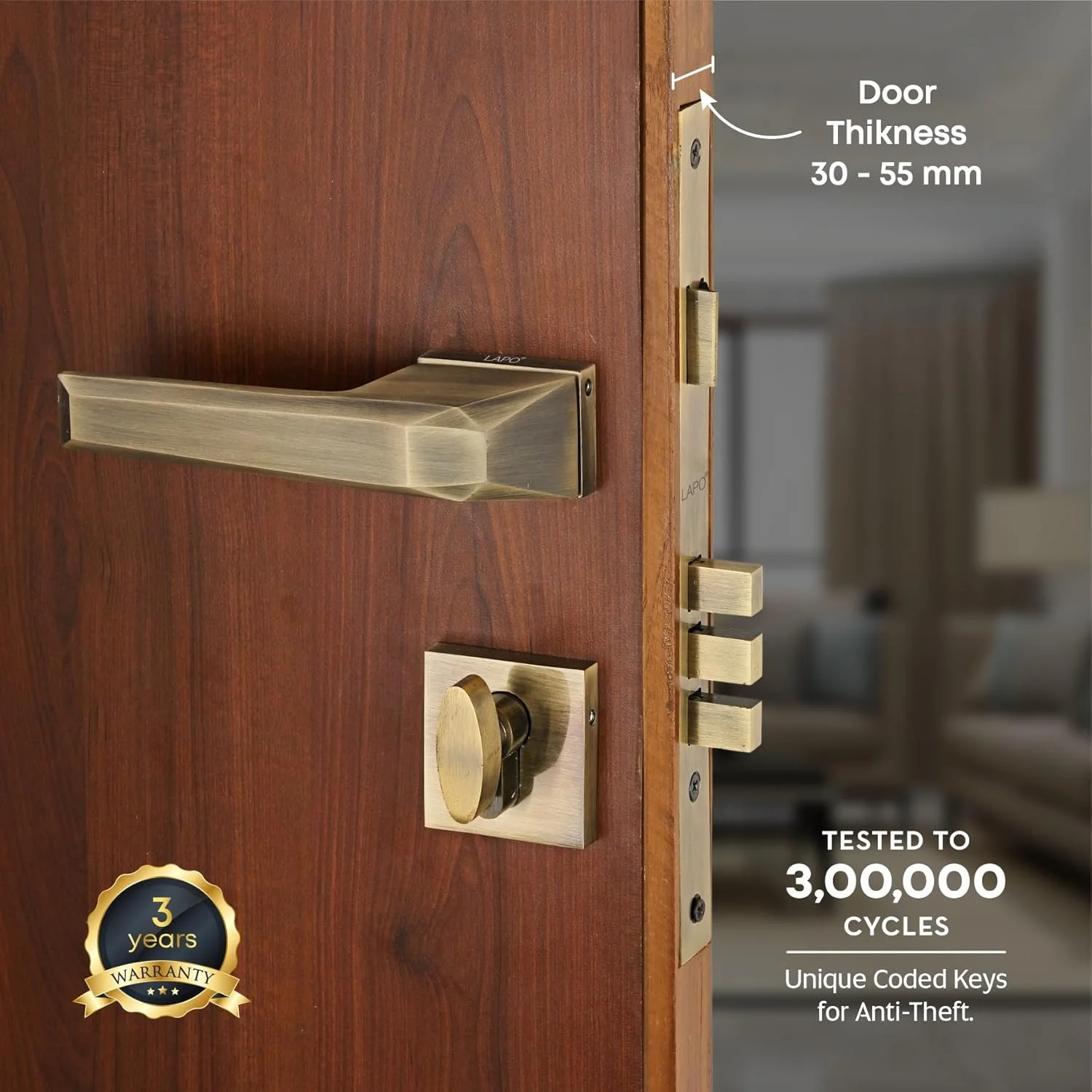 قفل درب LAPO برای درب اصلی/قفل درب برای اتاق خواب/قفل زبانه ای برای درب/ست دستگیره قفل درب با 3 کلید برنجی برای خانه/دفتر/هتل (پرداخت عتیقه) Ro-125