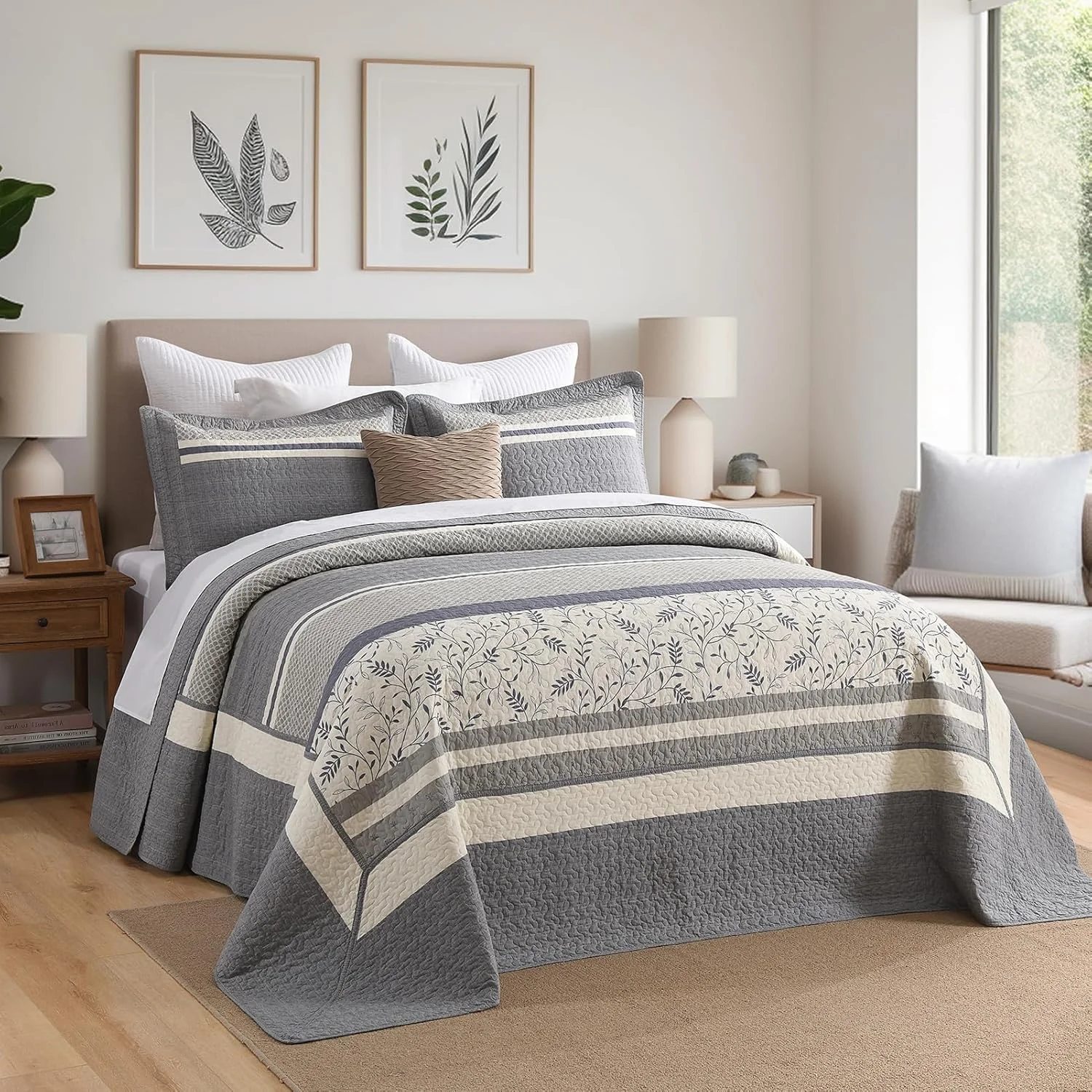 روتختی پنبه‌ای بسیار بزرگ پانگوشان، طرح گل‌دار دو رو، ست ملحفه لحاف‌دار سایز خیلی بزرگ، لحاف سبک وزن، خاکستری