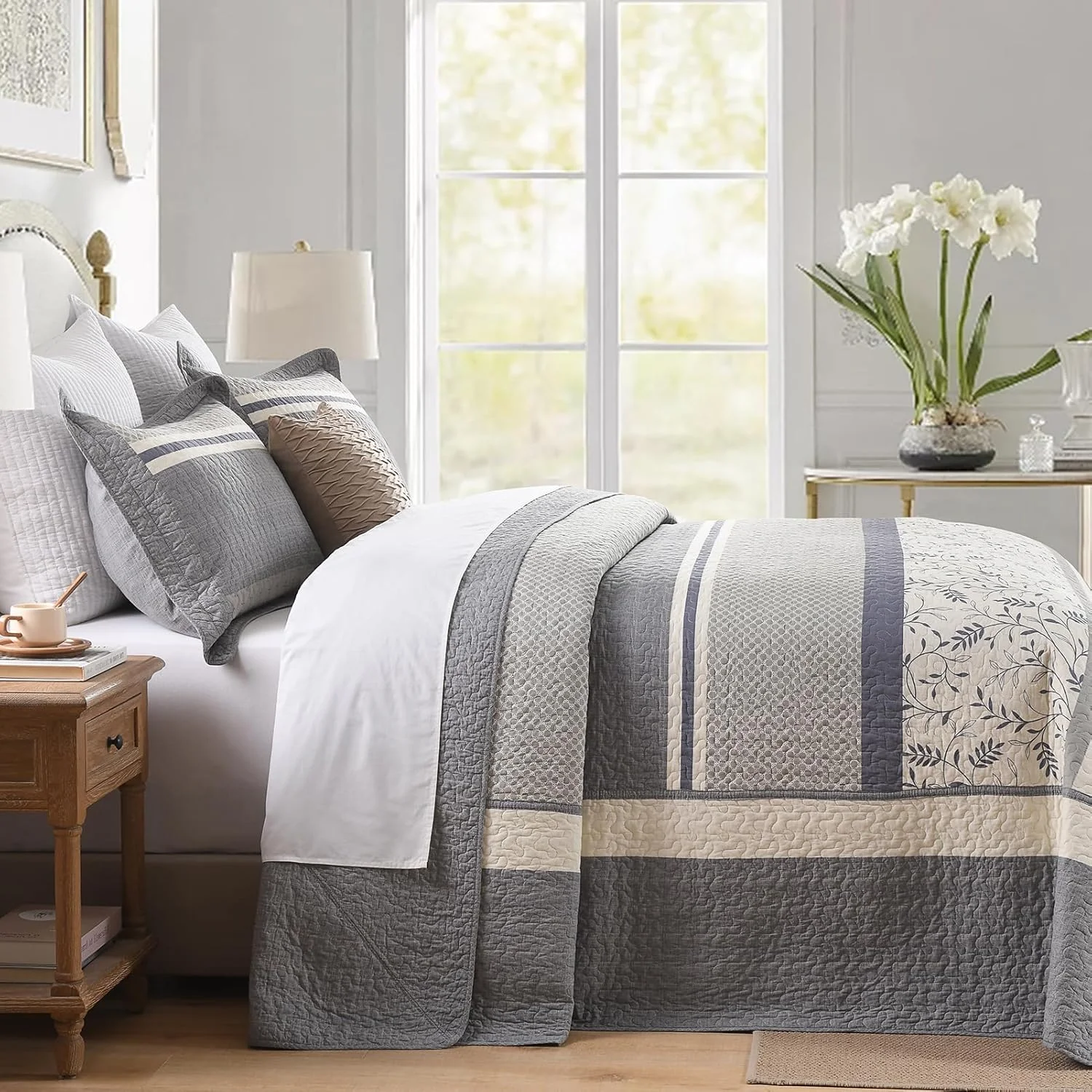 روتختی پنبه‌ای بسیار بزرگ پانگوشان، طرح گل‌دار دو رو، ست ملحفه لحاف‌دار سایز خیلی بزرگ، لحاف سبک وزن، خاکستری