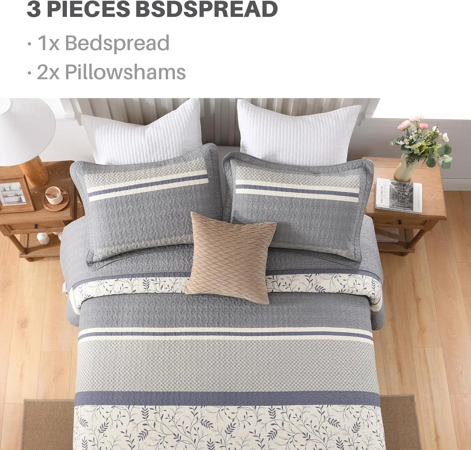 روتختی پنبه‌ای بسیار بزرگ پانگوشان، طرح گل‌دار دو رو، ست ملحفه لحاف‌دار سایز خیلی بزرگ، لحاف سبک وزن، خاکستری