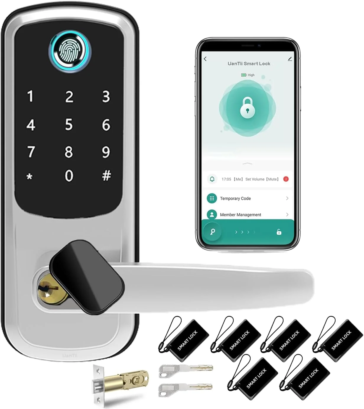 قفل هوشمند وای فای Tuya مدل UanTii، قفل درب بدون کلید 5 در 1، قفل دیجیتال درب تک زبانه با صفحه کلید اثر انگشت، قفل دستگیره درب بیومتریک، کنترل برنامه قفل هوشمند وای فای Tuya مدل UanTii، قفل درب بدون کلید 5 در 1، قفل دیجیتال درب تک زبانه با صفحه کلید اثر انگشت، قفل دستگیره درب بیومتریک، کنترل برنامه