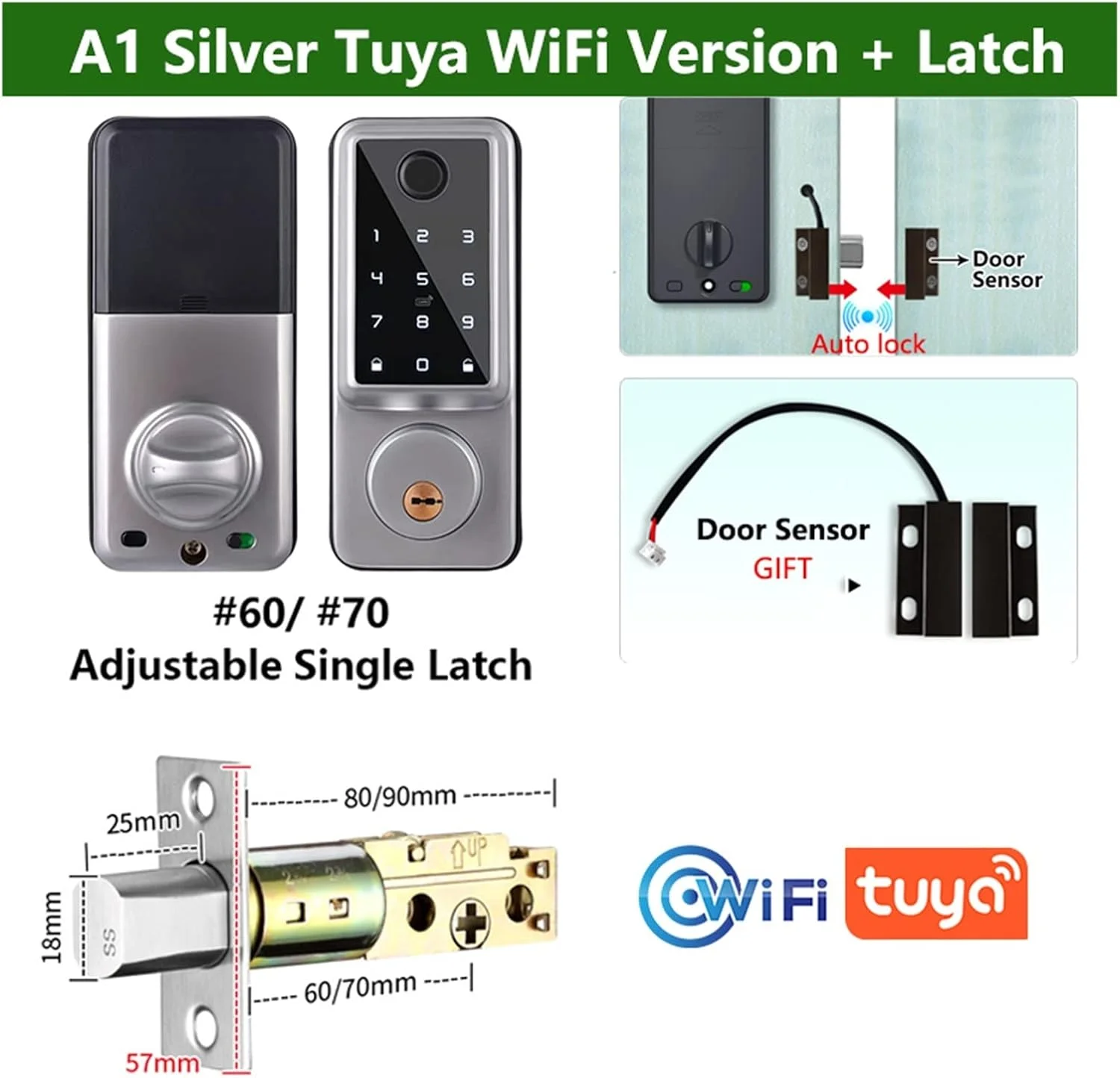 قفل درب اثر انگشتی تویا بلوتوثی دیجیتال الکترونیکی هوشمند، دستگیره درب اثر انگشتی بیومتریک بدون کلید با رمز عبور دیجیتال، دستگیره بالابر هوشمند برای قفل کردن درب منزل (تویا وای فای-نقره ای)