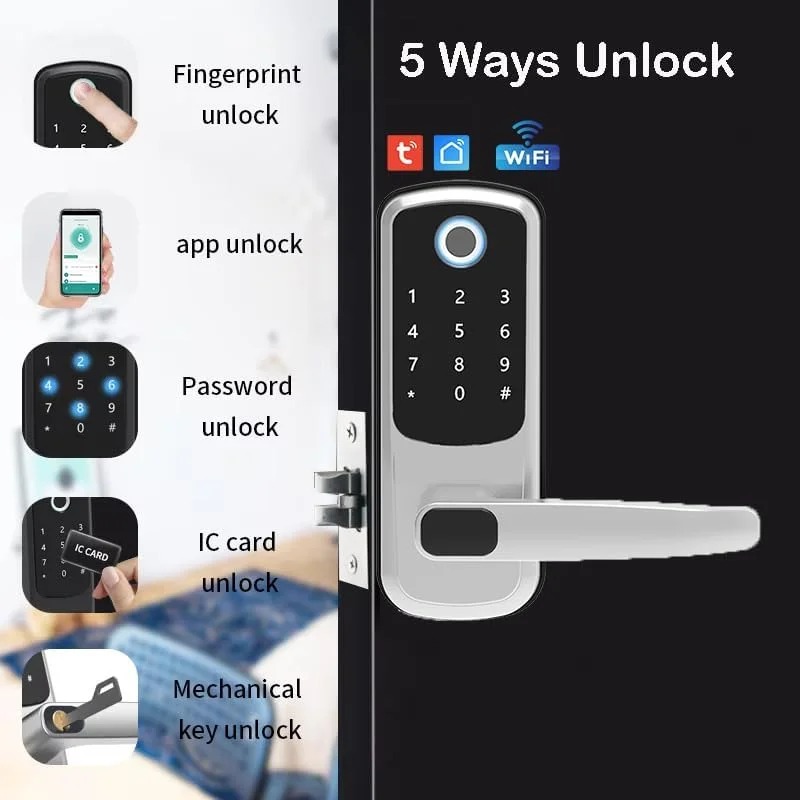 قفل هوشمند وای فای Tuya مدل UanTii، قفل درب بدون کلید 5 در 1، قفل دیجیتال درب تک زبانه با صفحه کلید اثر انگشت، قفل دستگیره درب بیومتریک، کنترل برنامه