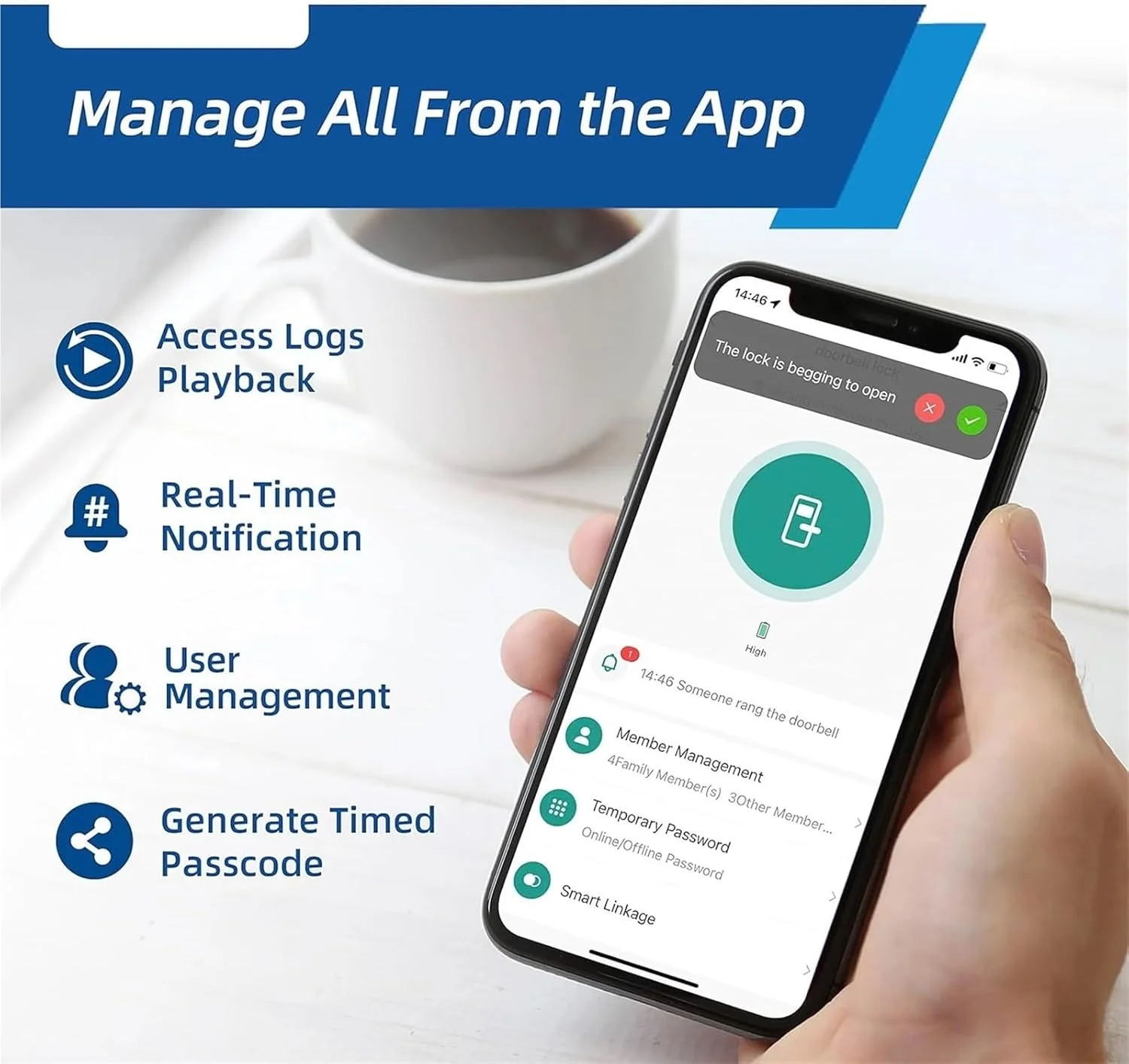 قفل درب هوشمند، قفل دیجیتال الکترونیکی هوشمند و ضدآب IP66 با صفحه کلید برای درب ورودی برای ضخامت درب 35-100 میلی متر (22X220(5050))