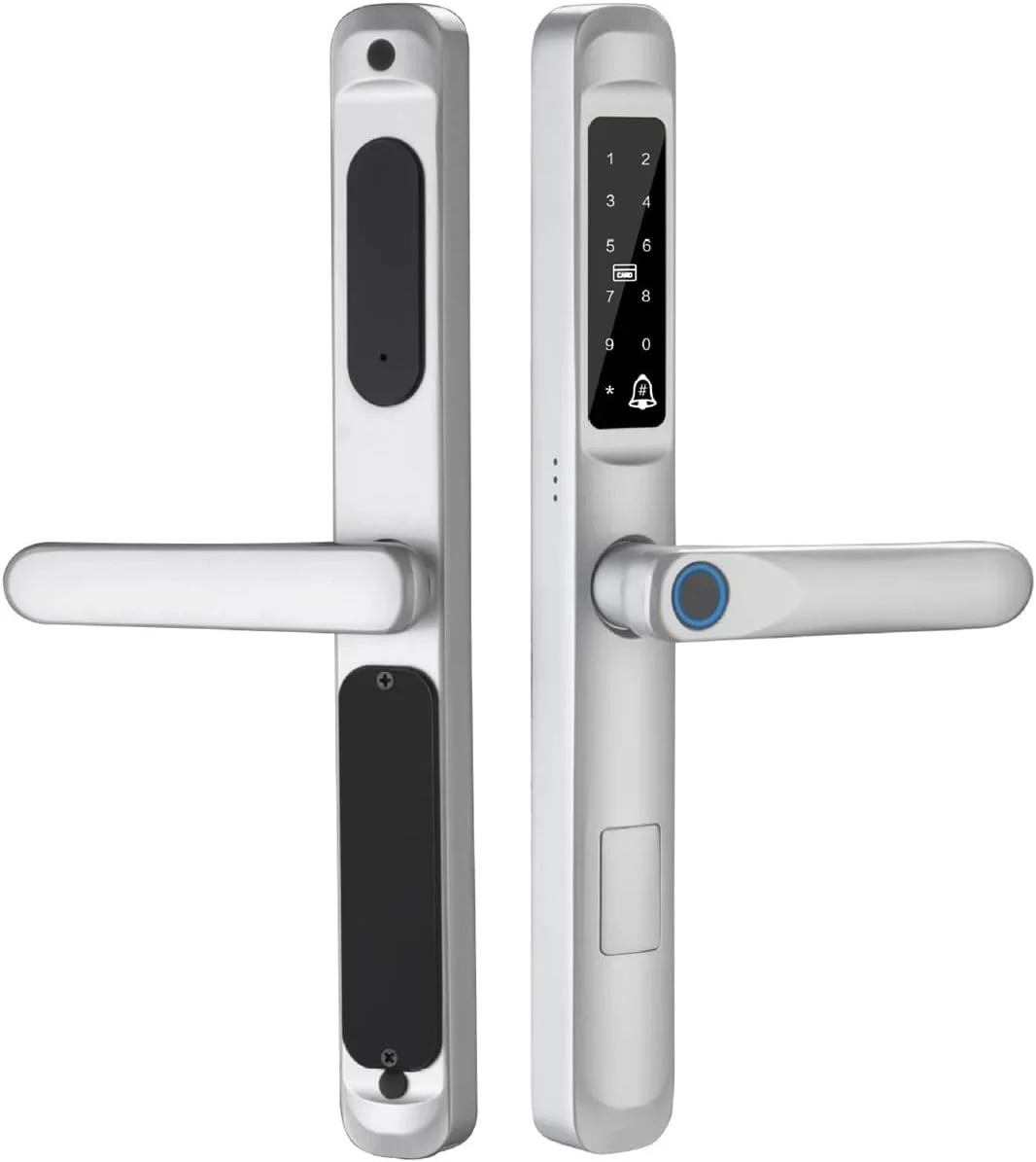 قفل درب هوشمند، قفل درب دیجیتال الکترونیکی اثر انگشتی ضد آب، قفل بدون کلید کارت RFID برای درب های آلومینیومی/کشویی (نقره ای، 3085) قفل درب هوشمند، قفل درب دیجیتال الکترونیکی اثر انگشتی ضد آب، قفل بدون کلید کارت RFID برای درب های آلومینیومی/کشویی (نقره ای، 3085)