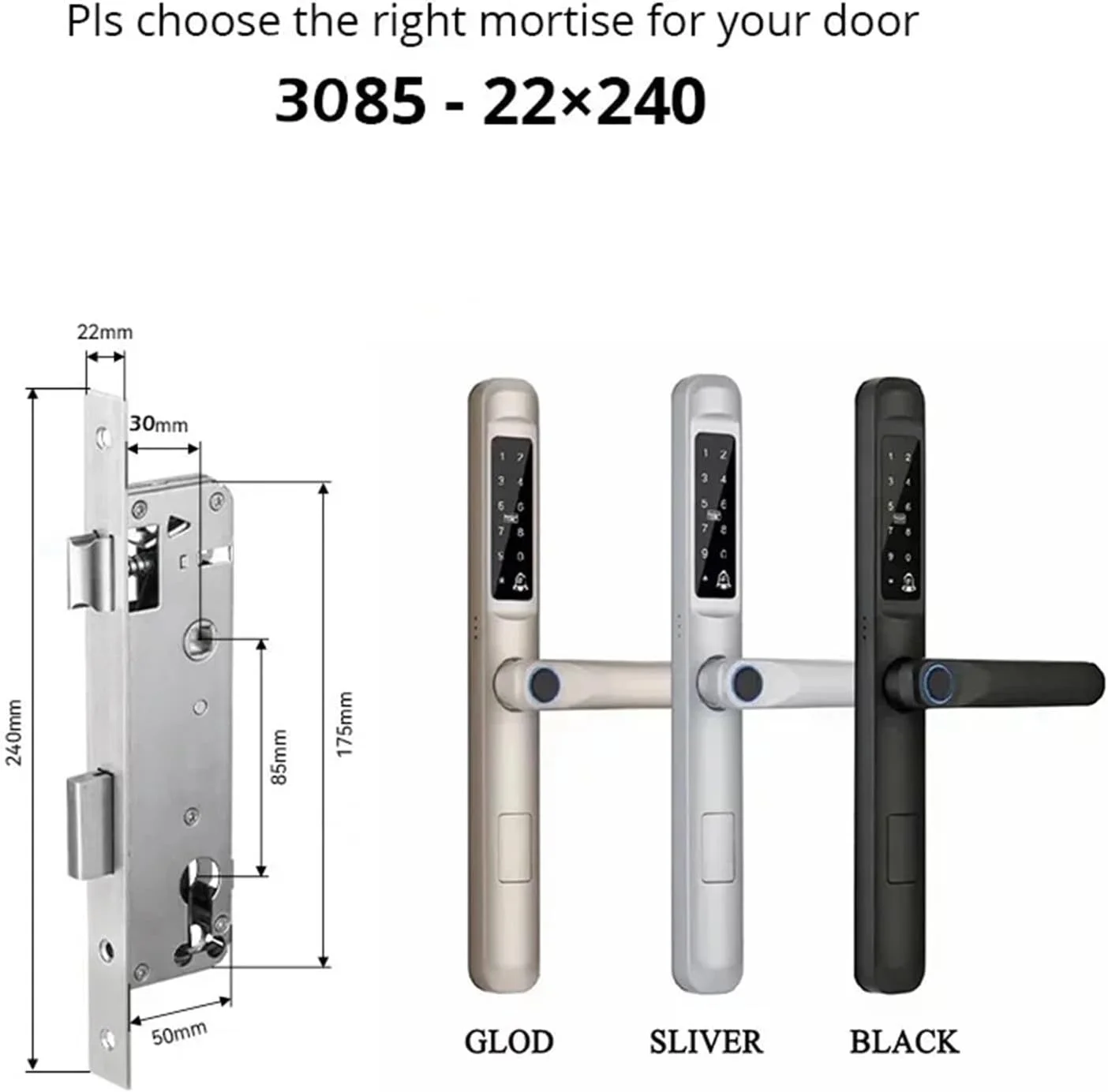 قفل درب هوشمند، قفل درب دیجیتال الکترونیکی اثر انگشتی ضد آب، قفل بدون کلید کارت RFID برای درب آلومینیومی/کشویی (طلایی، 3085)