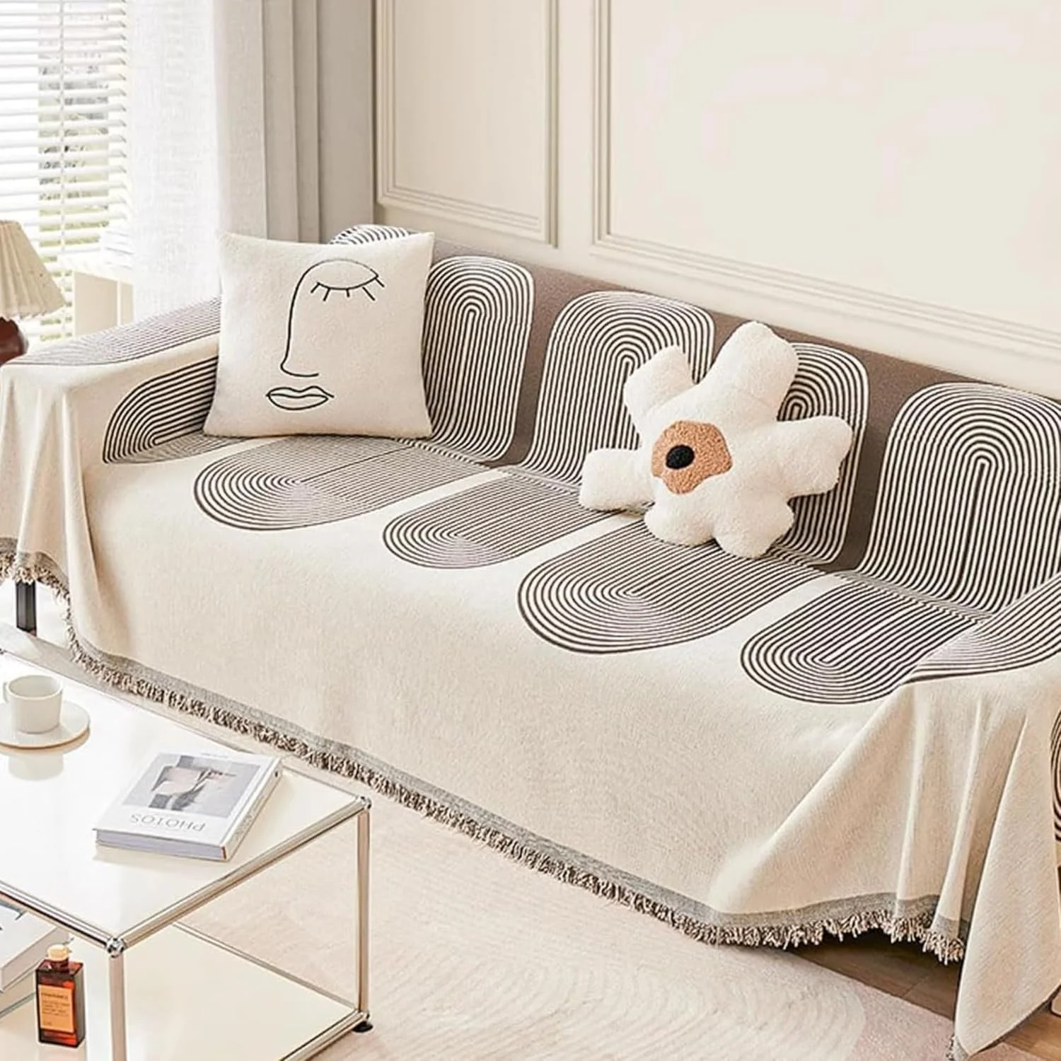 روانداز مبل مدرن - ۱۸۰x۲۶۰ سانتی متر - طرح خطوط انتزاعی، روکش مبل کتان-پنبه با منگوله - محافظ مبل نرم و قابل شستشو برای اتاق نشیمن روانداز مبل مدرن - ۱۸۰x۲۶۰ سانتی متر - طرح خطوط انتزاعی، روکش مبل کتان-پنبه با منگوله - محافظ مبل نرم و قابل شستشو برای اتاق نشیمن