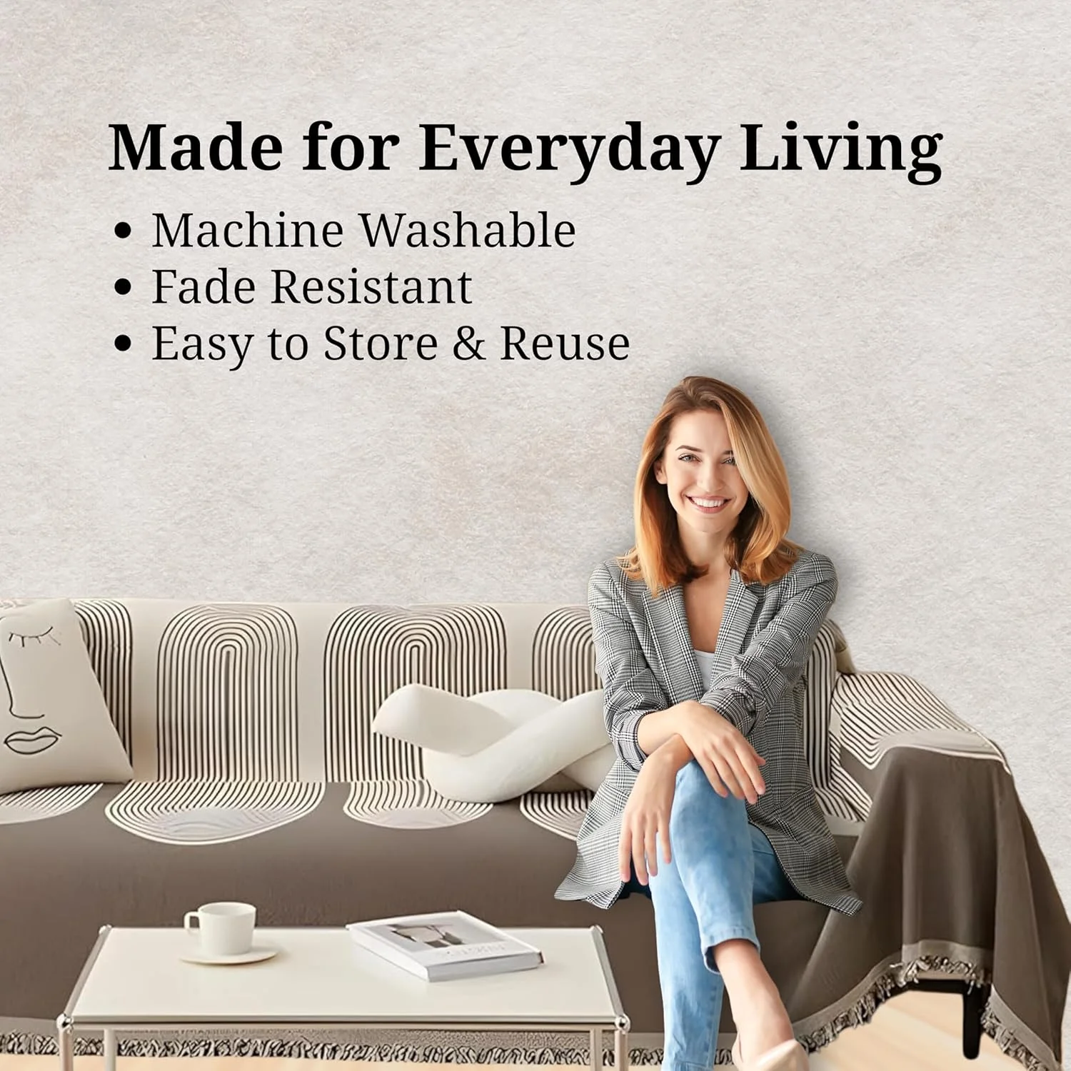 روانداز مبل مدرن - ۱۸۰x۲۶۰ سانتی متر - طرح خطوط انتزاعی، روکش مبل کتان-پنبه با منگوله - محافظ مبل نرم و قابل شستشو برای اتاق نشیمن