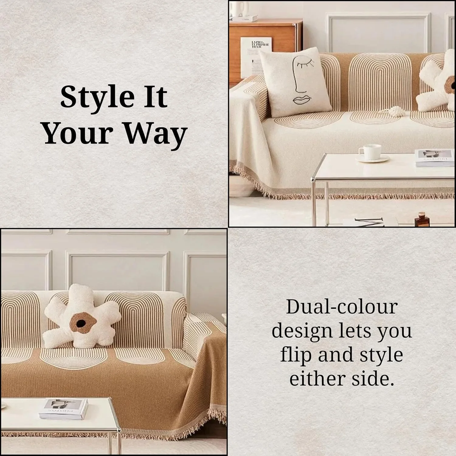 روانداز مبل مدرن - ۱۸۰x۲۶۰ سانتی متر - طرح خطوط انتزاعی، روکش مبل کتان-پنبه با منگوله - محافظ مبل نرم و قابل شستشو برای اتاق نشیمن