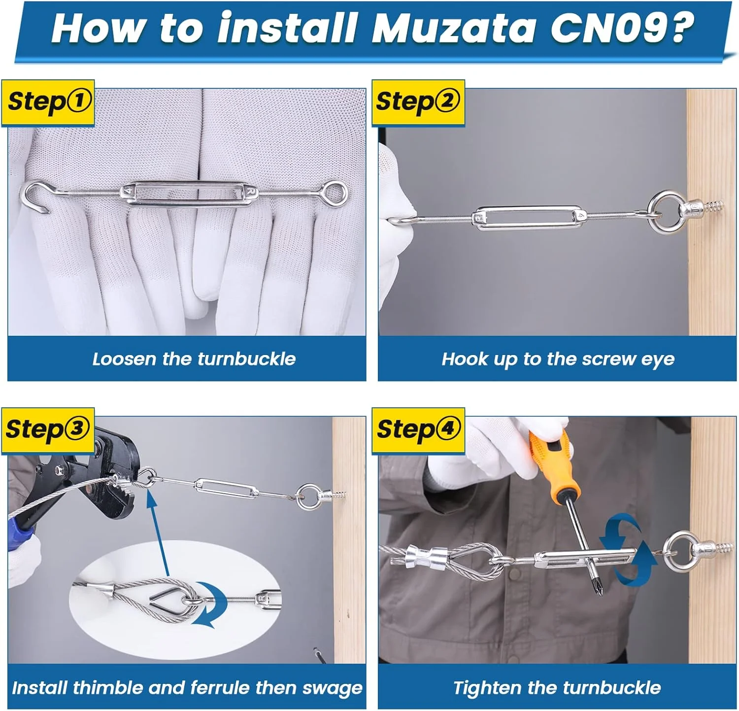 بسته 5 عددی بست فلزی استیل 304 با قلاب/چشمی برای سیم بکسل و کابل، سایز M4
